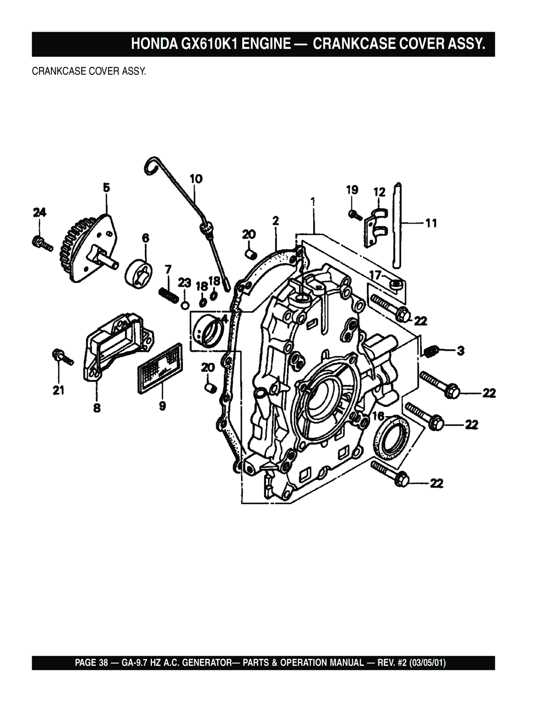 Multiquip GA-9.7 HZ operation manual Honda GX610K1 Engine Crankcase Cover Assy 