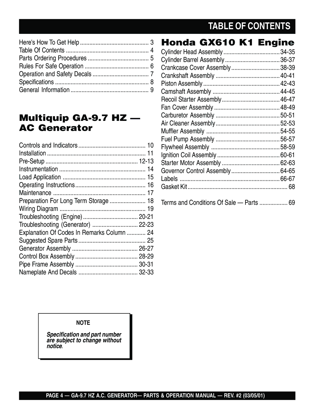 Multiquip GA-9.7 HZ operation manual Table of Contents 