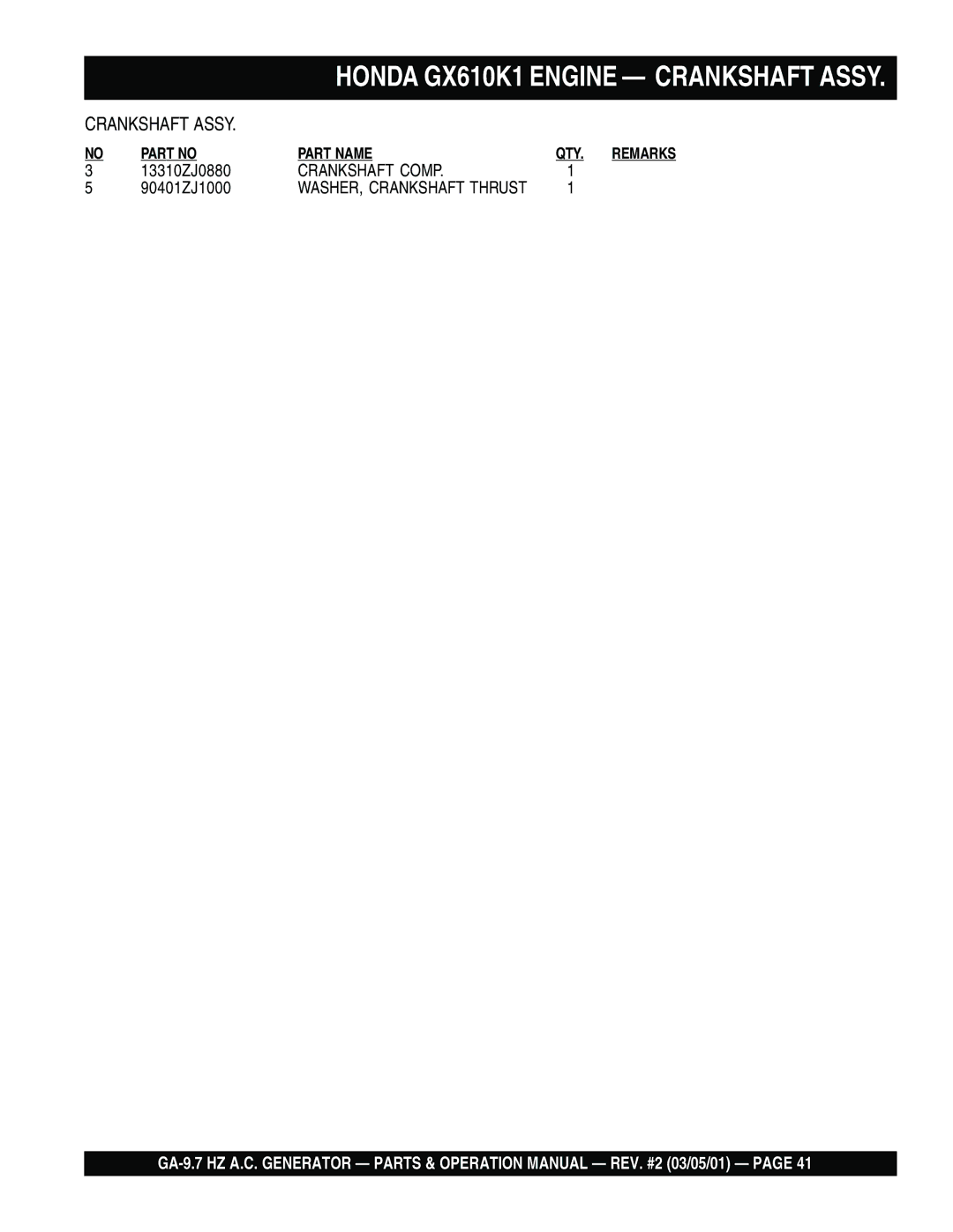 Multiquip GA-9.7 HZ operation manual Crankshaft Comp 