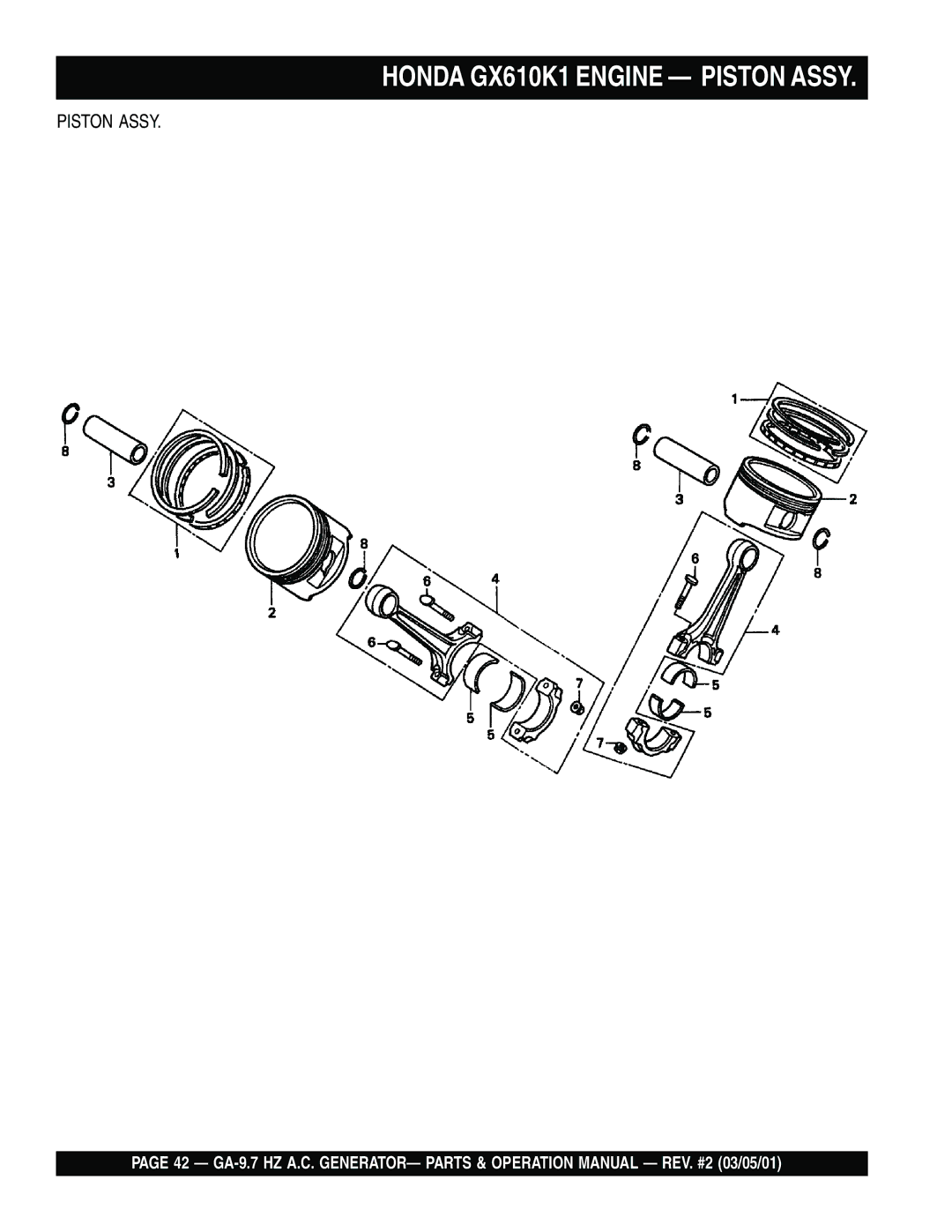 Multiquip GA-9.7 HZ operation manual Honda GX610K1 Engine Piston Assy 