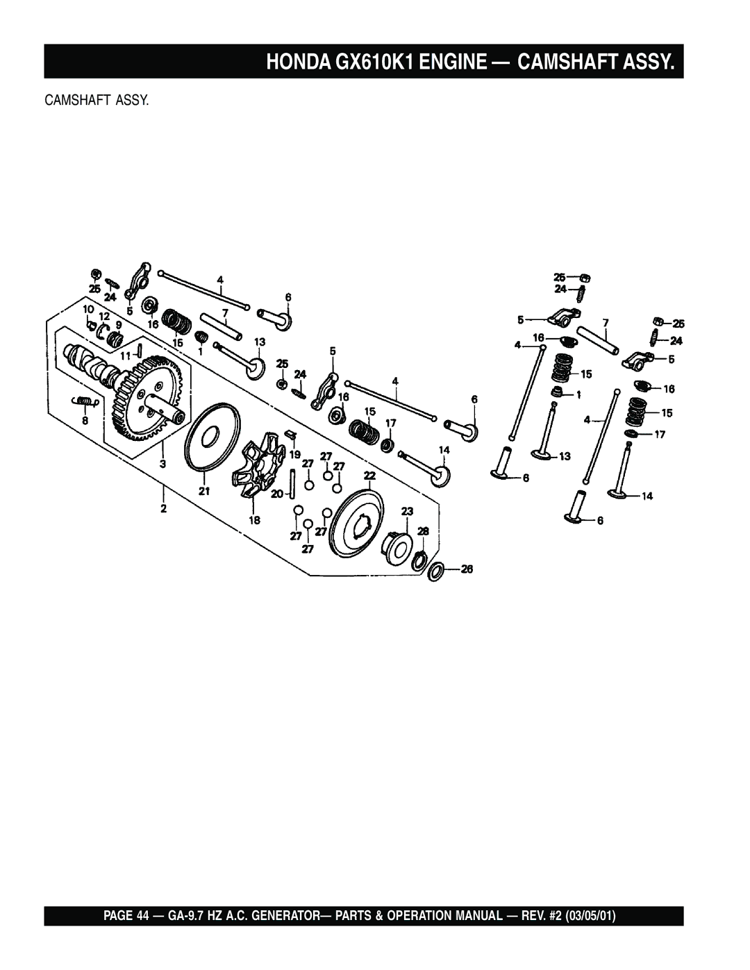 Multiquip GA-9.7 HZ operation manual Honda GX610K1 Engine Camshaft Assy 