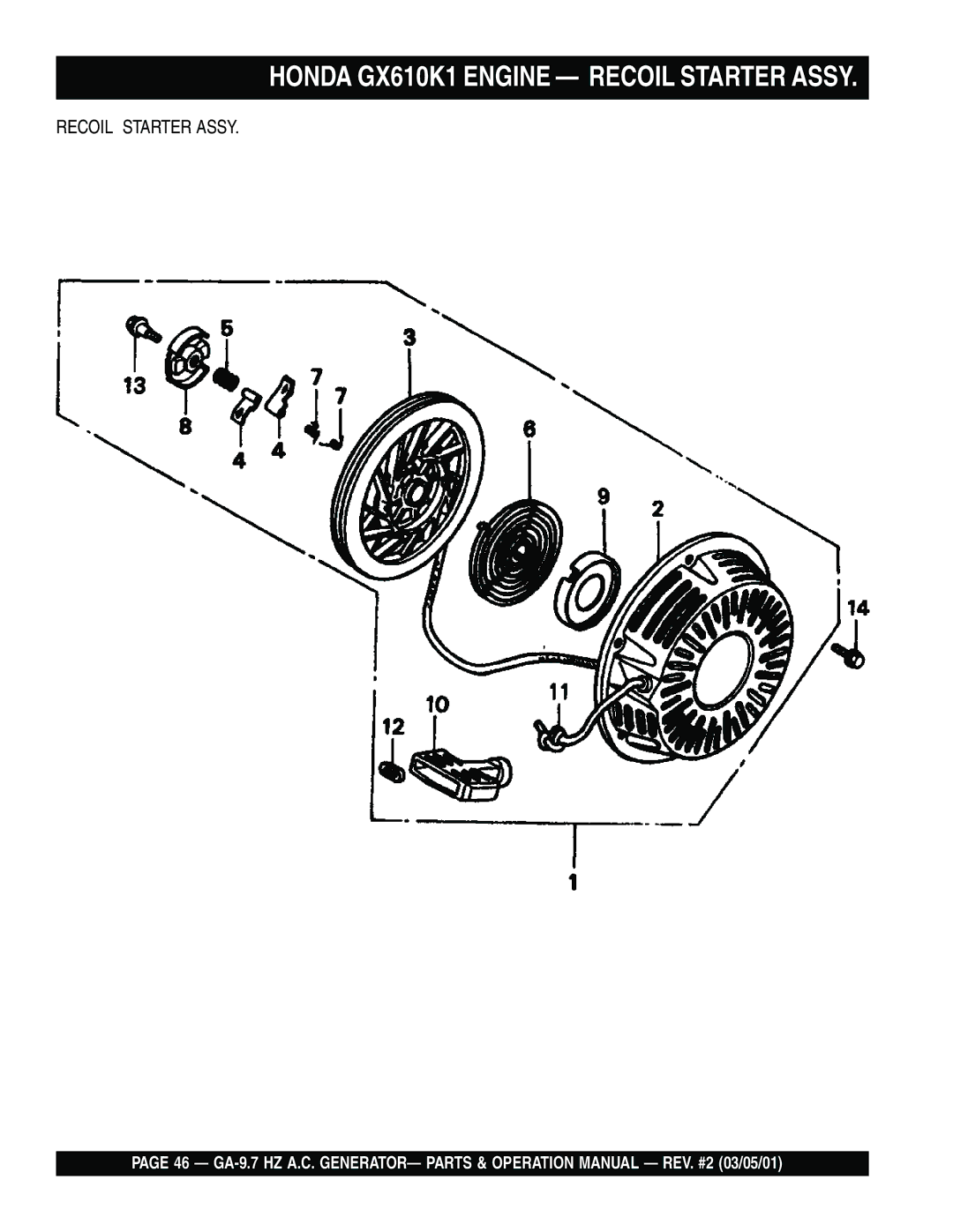 Multiquip GA-9.7 HZ operation manual Honda GX610K1 Engine Recoil Starter Assy 