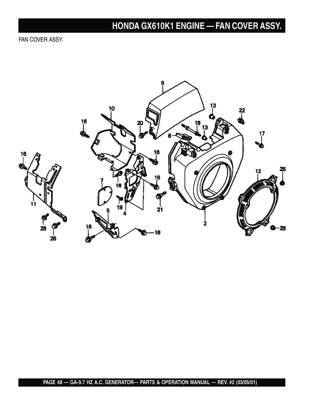 Multiquip GA-9.7 HZ operation manual Honda GX610K1 Engine FAN Cover Assy 
