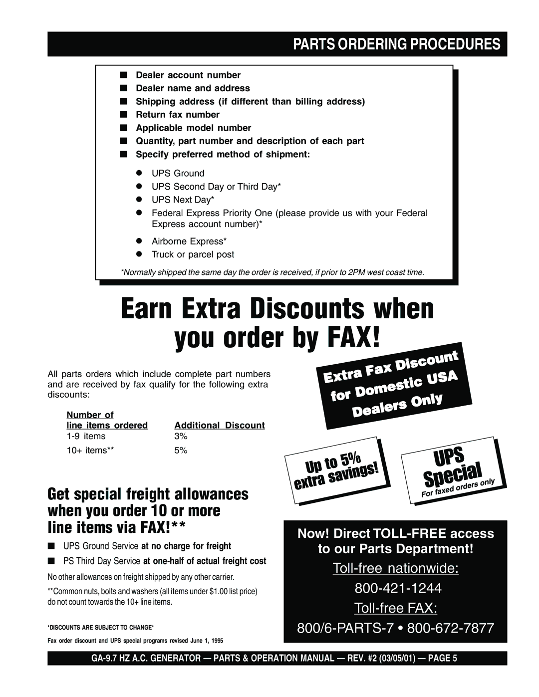 Multiquip GA-9.7 HZ operation manual Earn Extra Discounts when You order by FAX, Parts Ordering Procedures 