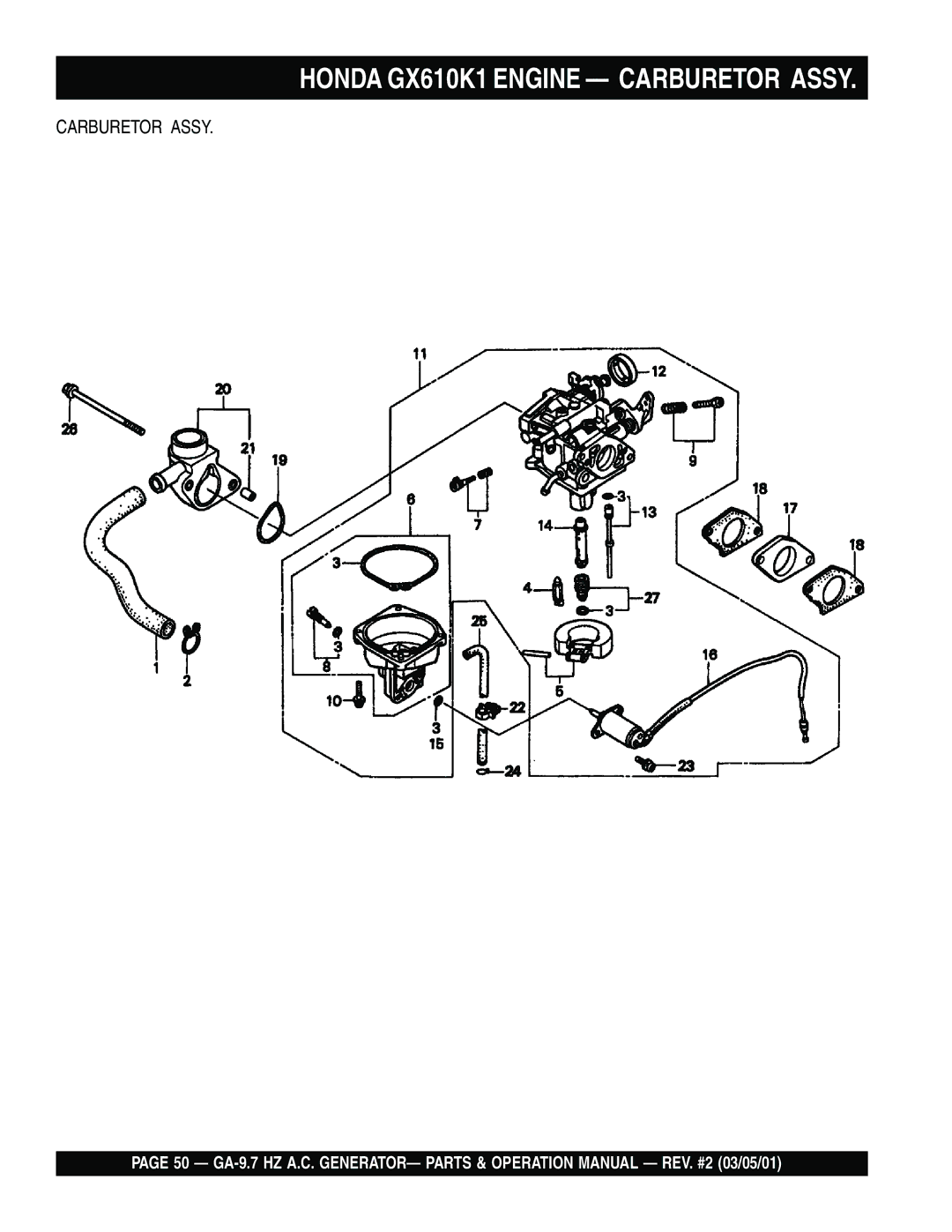 Multiquip GA-9.7 HZ operation manual Honda GX610K1 Engine Carburetor Assy 