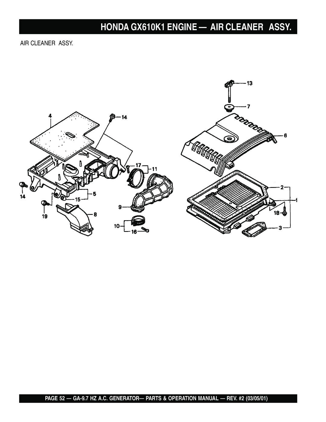 Multiquip GA-9.7 HZ operation manual Honda GX610K1 Engine AIR Cleaner Assy 