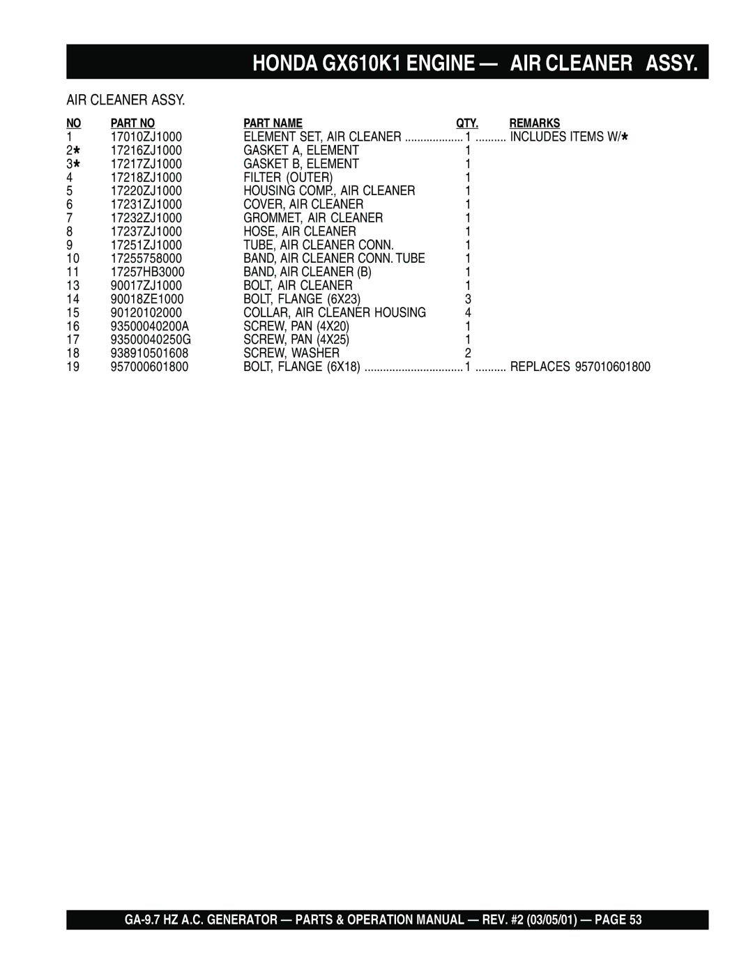 Multiquip GA-9.7 HZ Gasket A, Element, Gasket B, Element, Filter Outer, Housing COMP., AIR Cleaner, COVER, AIR Cleaner 