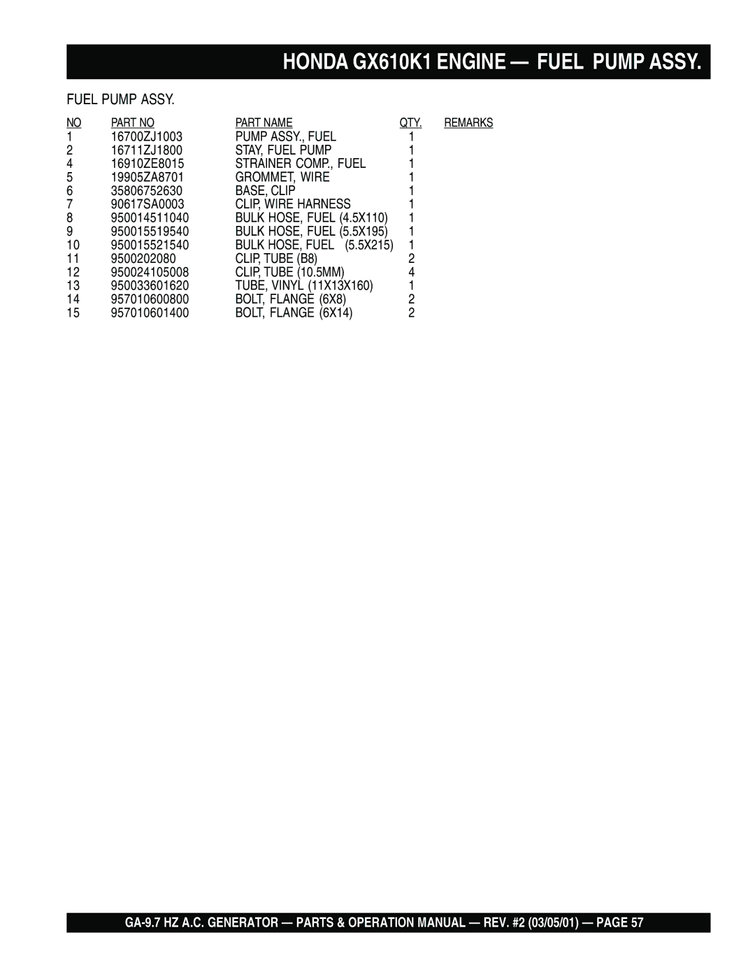 Multiquip GA-9.7 HZ Pump ASSY., Fuel, STAY, Fuel Pump, Strainer COMP., Fuel, GROMMET, Wire, BASE, Clip, CLIP, Wire Harness 