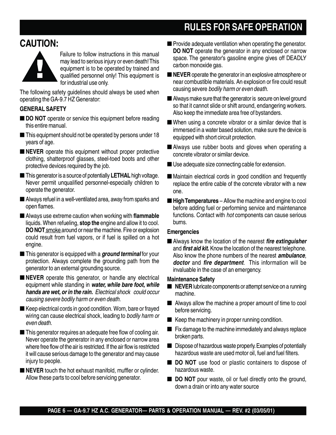 Multiquip GA-9.7 HZ operation manual Rules for Safe Operation, General Safety 