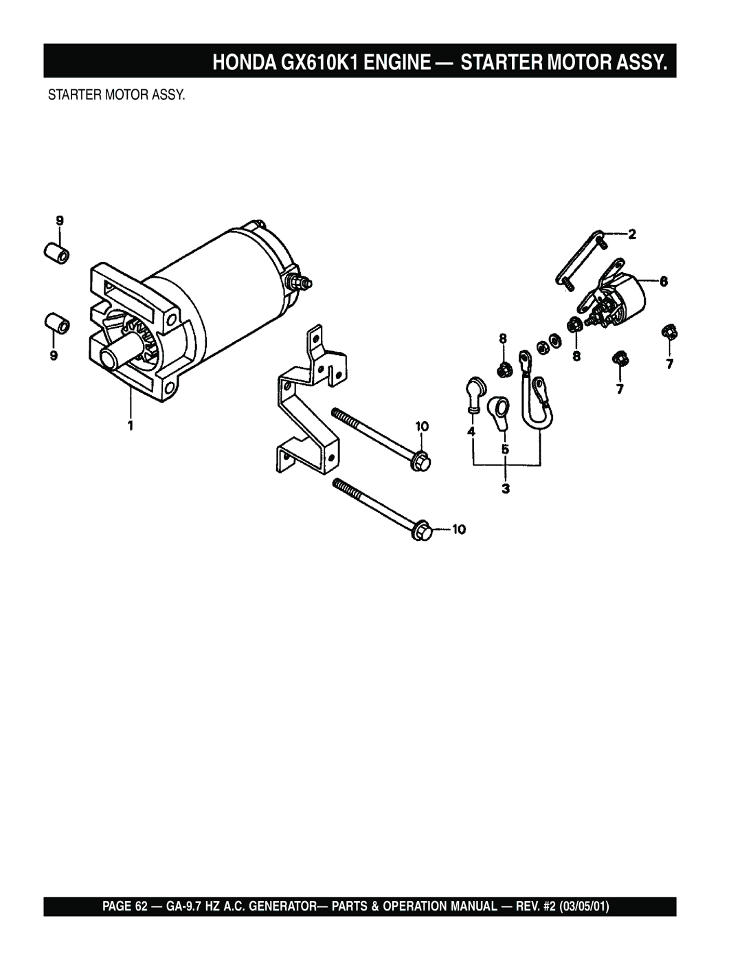 Multiquip GA-9.7 HZ operation manual Honda GX610K1 Engine Starter Motor Assy 