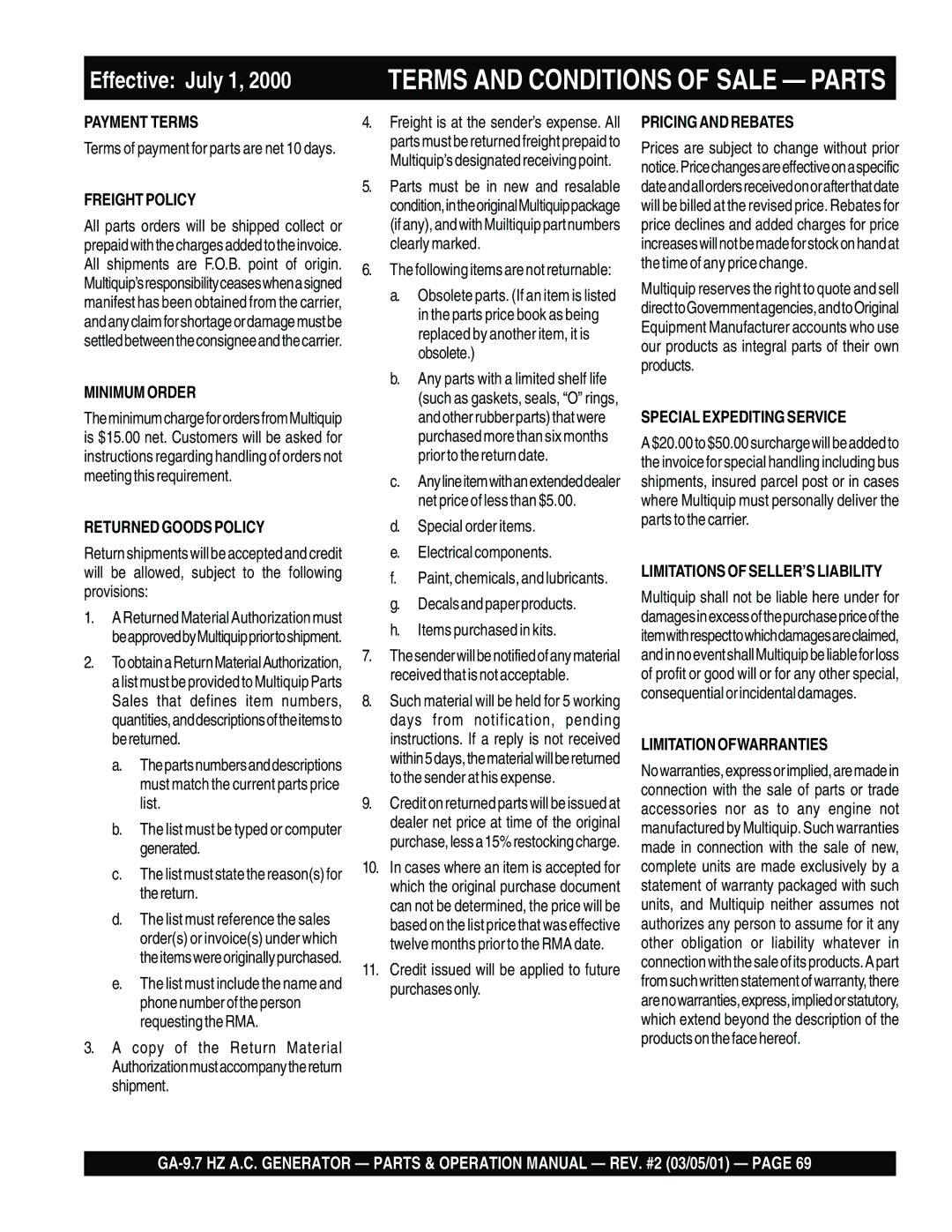 Multiquip GA-9.7 HZ operation manual Terms and Conditions of Sale Parts 