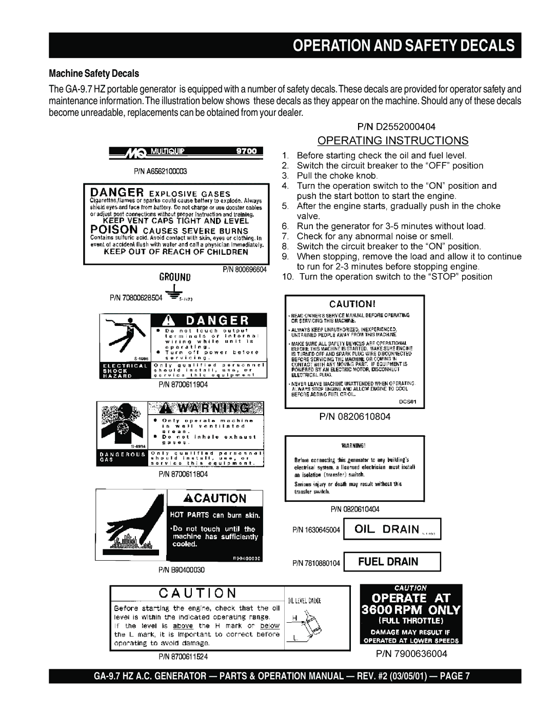 Multiquip GA-9.7 HZ operation manual Operation and Safety Decals 