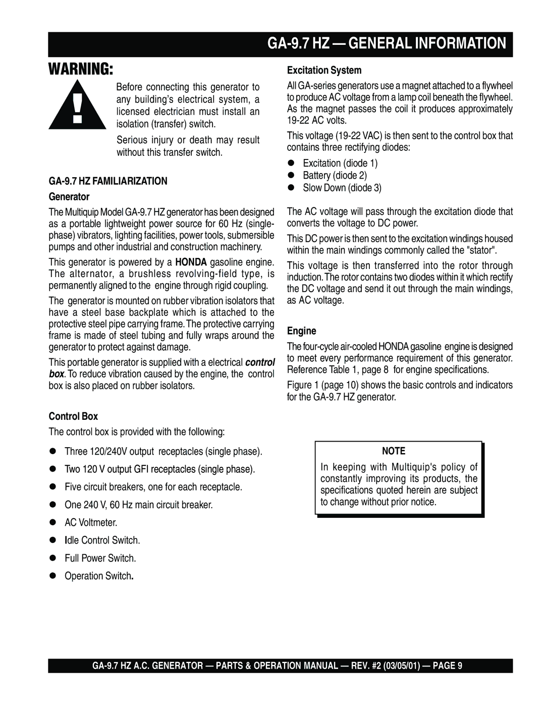 Multiquip operation manual GA-9.7 HZ General Information, Generator, Control Box, Engine 