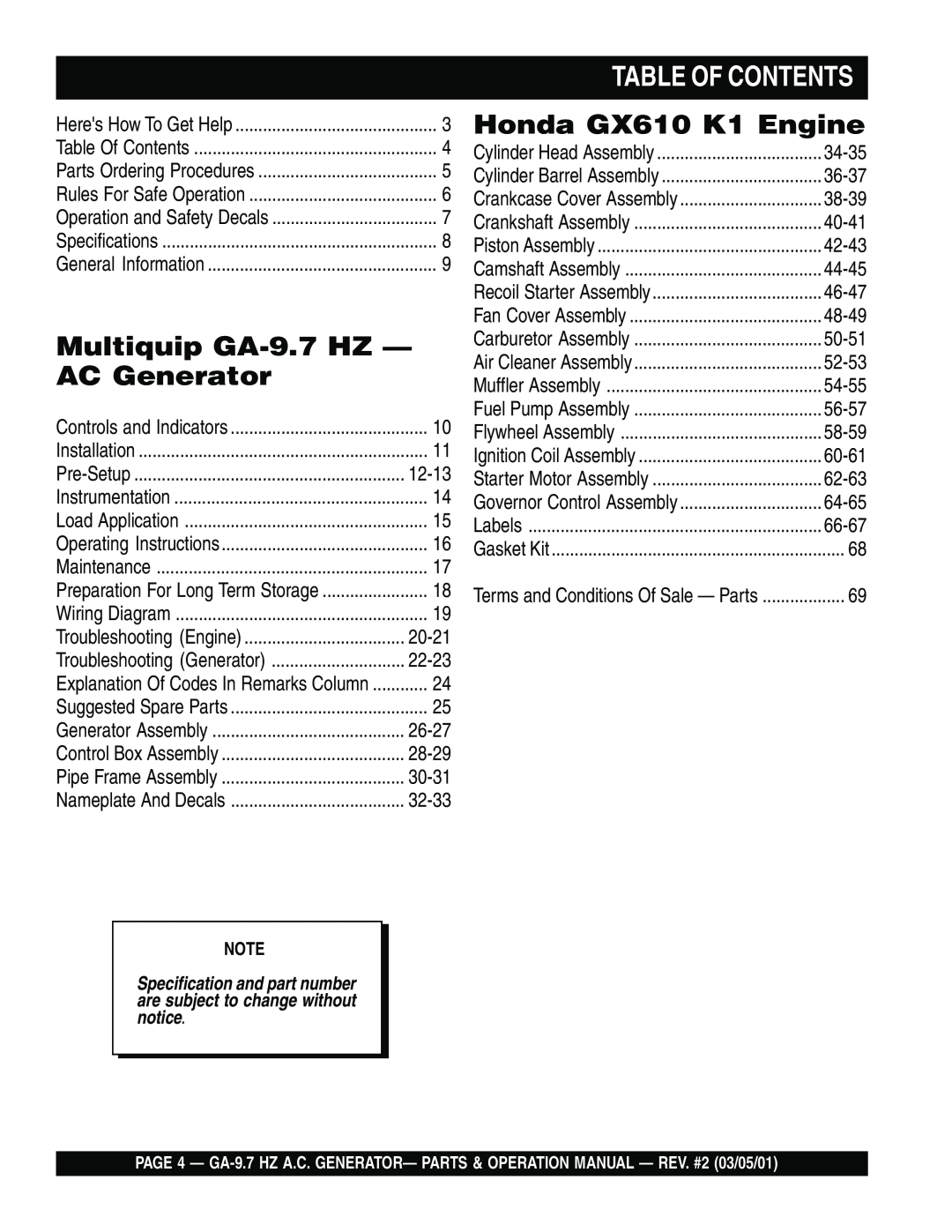 Multiquip GA-9.7 HZ operation manual Table Of Contents, Multiquip GA-9.7HZ — AC Generator, Honda GX610 K1 Engine 