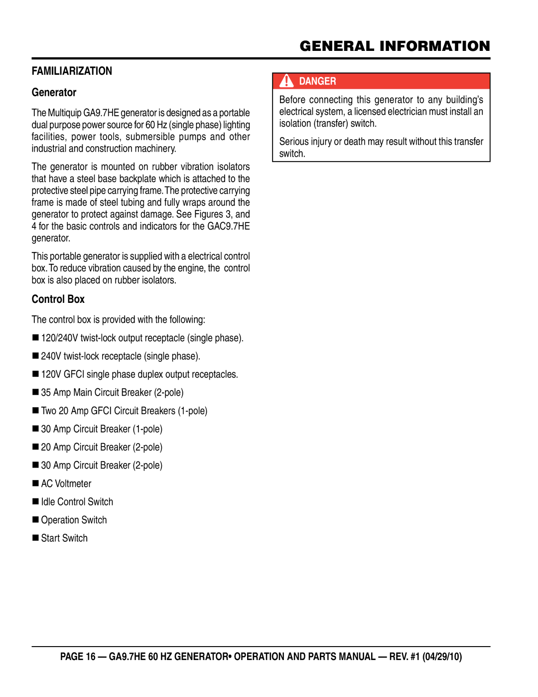 Multiquip ga-9.7HE manual General information, Generator, Control Box, Control box is provided with the following 