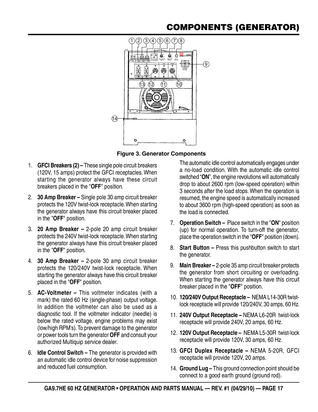 Multiquip ga-9.7HE manual Components generator, 3 4 5 6 7 