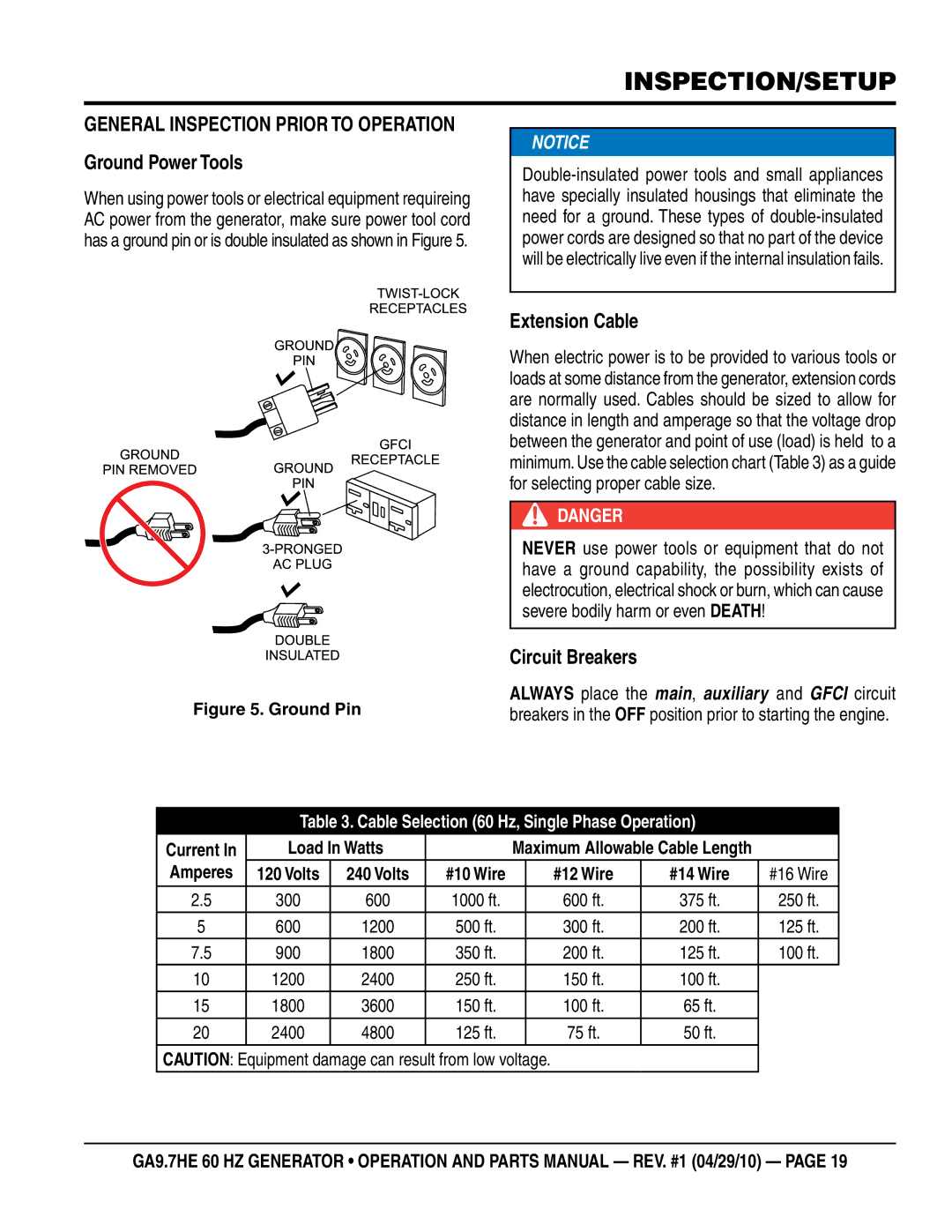 Multiquip ga-9.7HE manual General Inspection Prior to Operation Ground Power Tools, Extension Cable, Circuit Breakers 