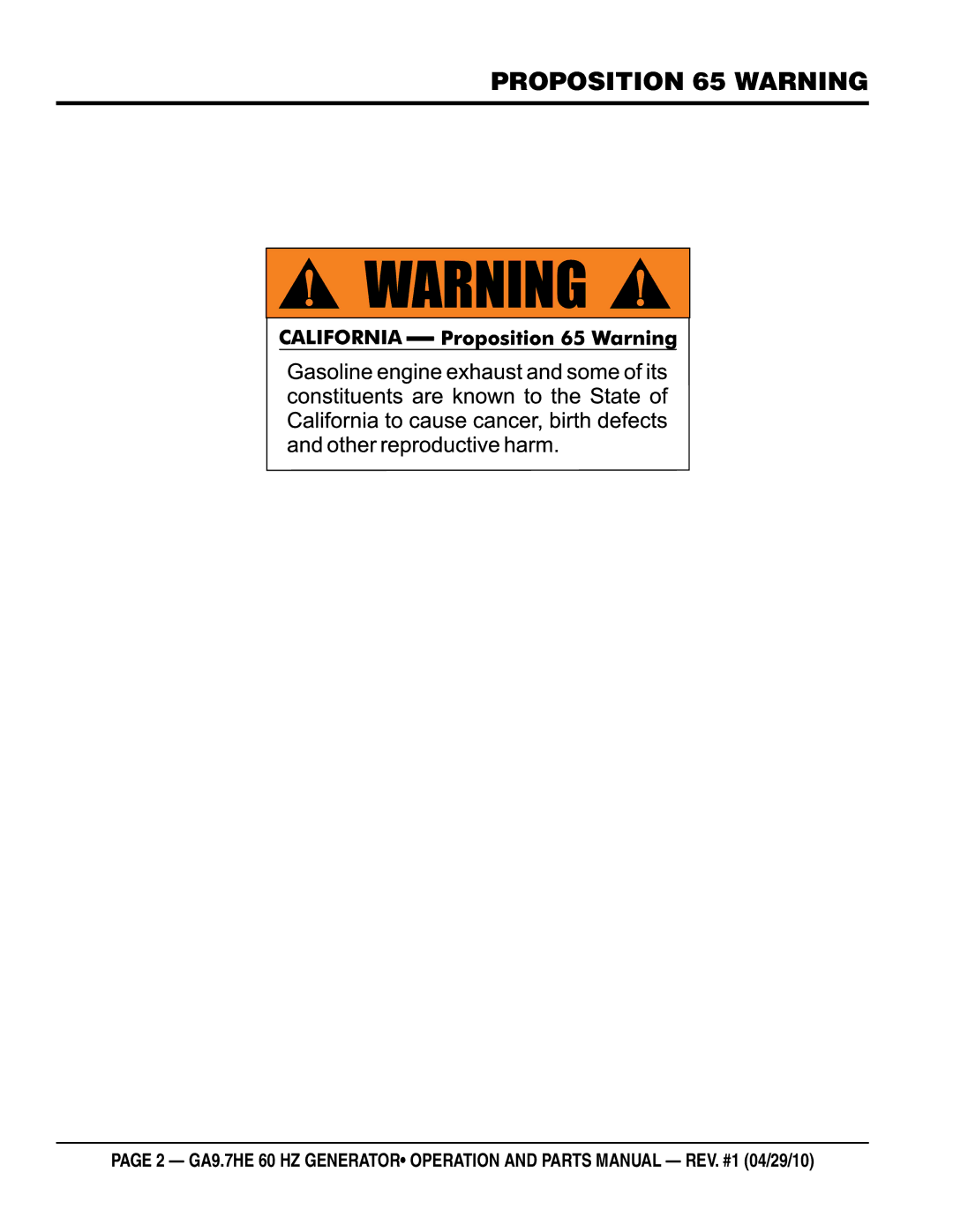 Multiquip ga-9.7HE manual Proposition 65 warning 