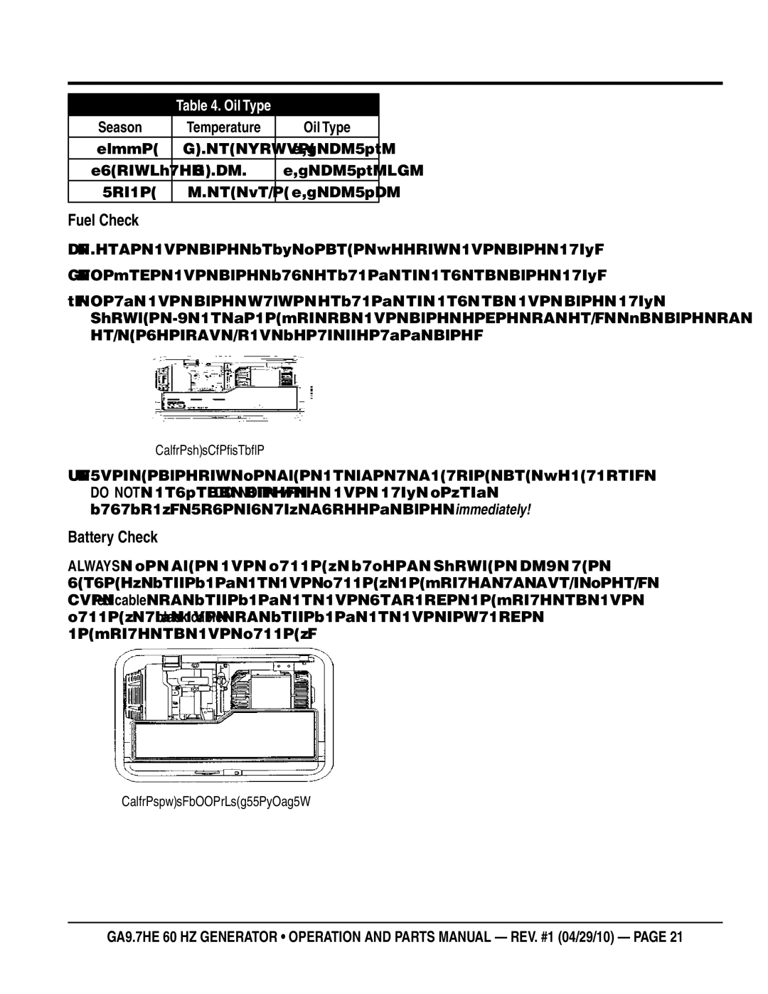 Multiquip ga-9.7HE manual Fuel Check, Battery Check 