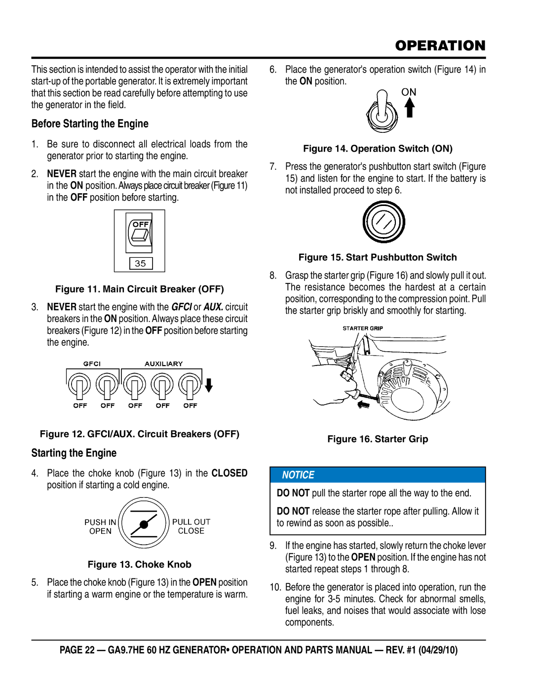 Multiquip ga-9.7HE manual Operation, Before Starting the Engine, Place the generators operation switch in the on position 