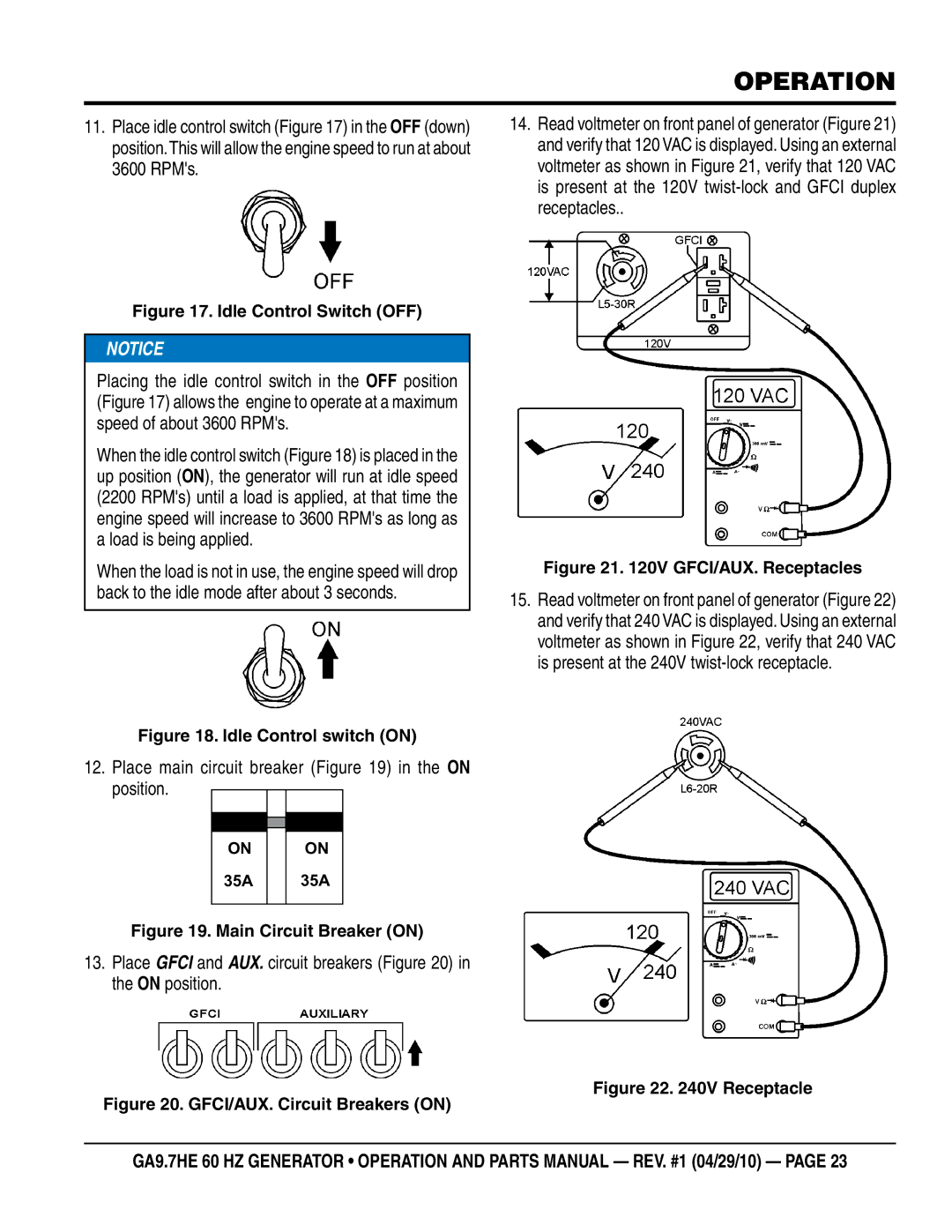 Multiquip ga-9.7HE Place main circuit breaker in the on position, Place Gfci and AUX. circuit breakers in the on position 