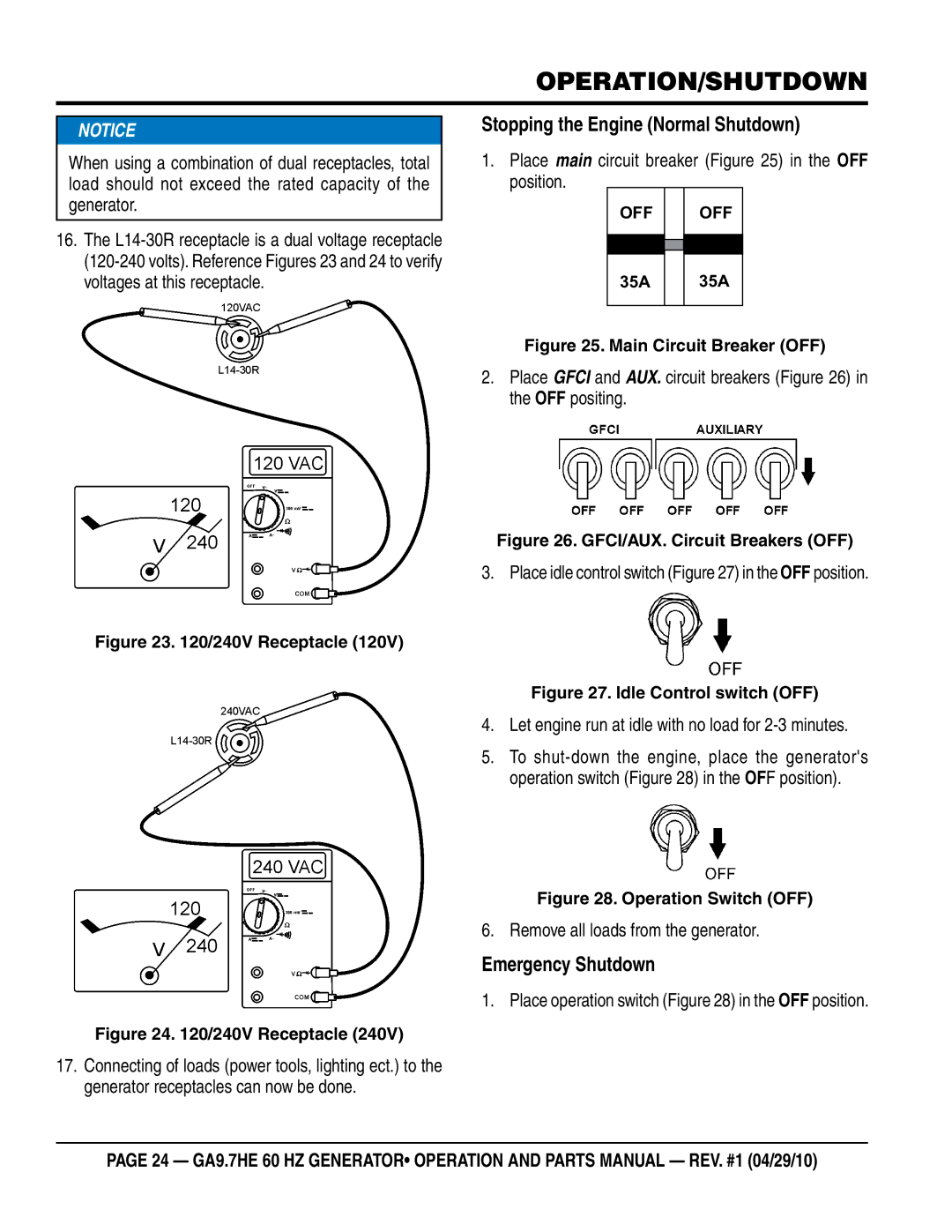 Multiquip ga-9.7HE manual Operation/shutdown, Stopping the Engine Normal Shutdown, Emergency Shutdown 