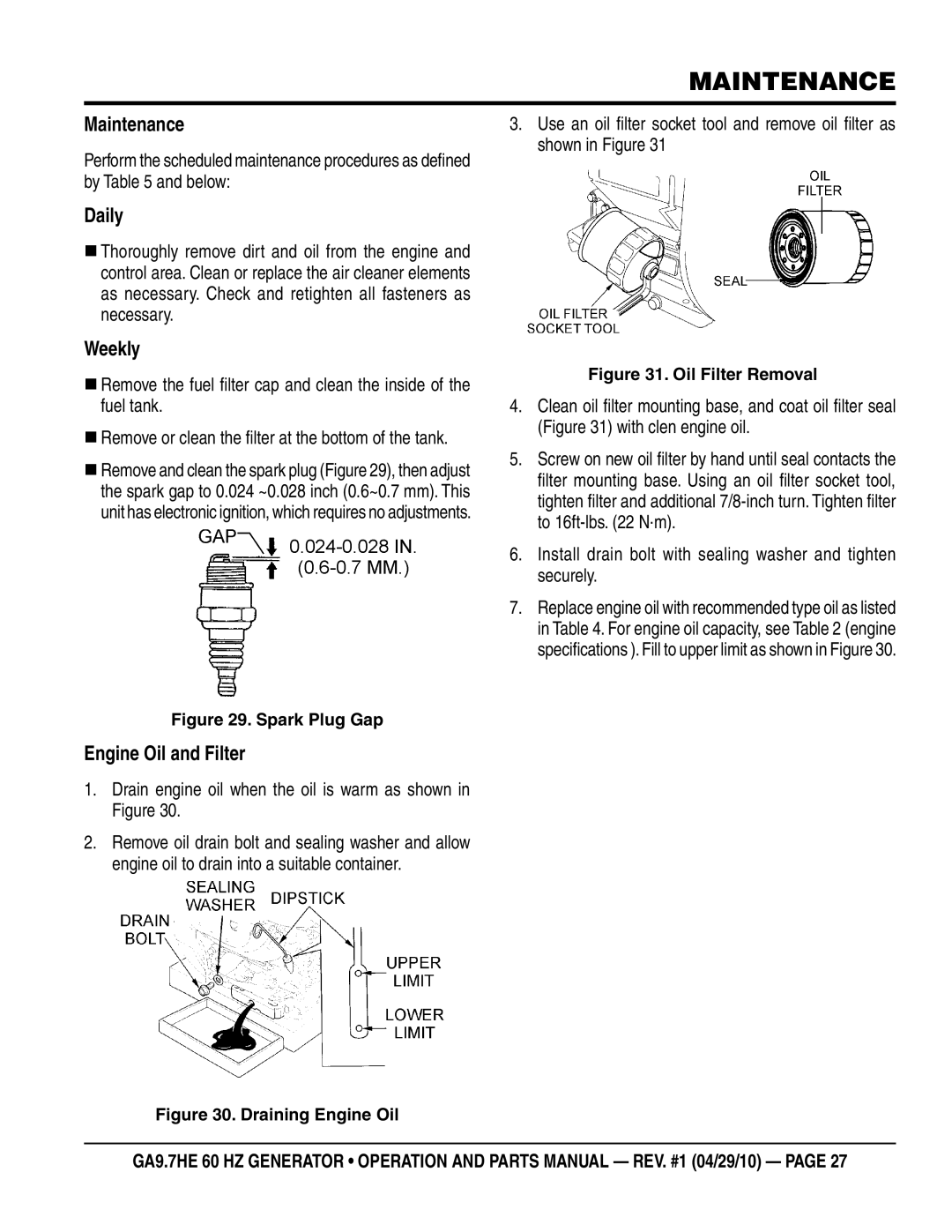 Multiquip ga-9.7HE manual Maintenance, Daily, Weekly, Engine Oil and Filter 