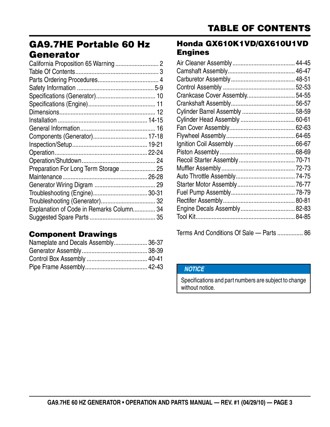 Multiquip ga-9.7HE manual GA9.7HE Portable 60 Hz Generator, Table of Contents 