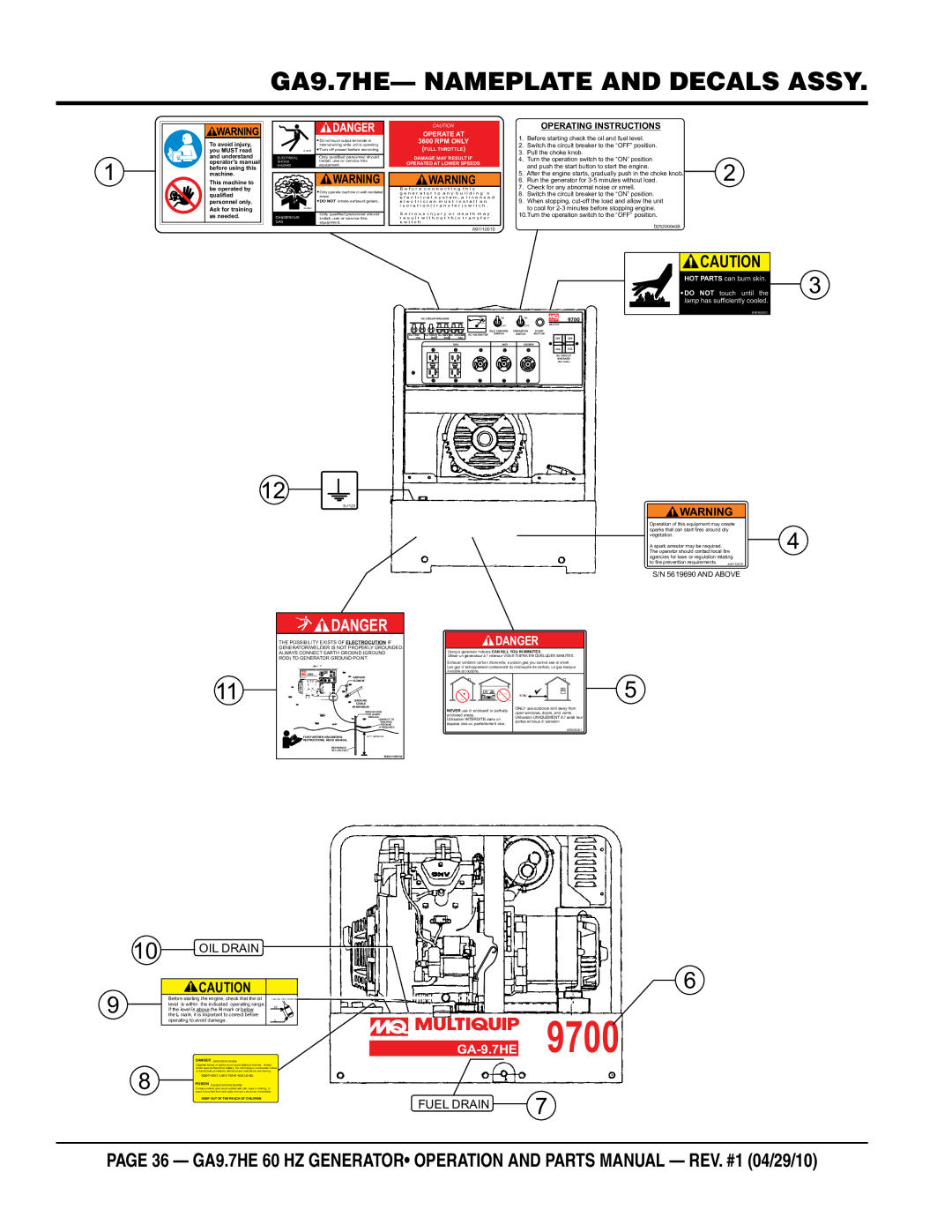 Multiquip ga-9.7HE manual GA9.7HE- nameplate and decalS Assy, Operating Instructions 