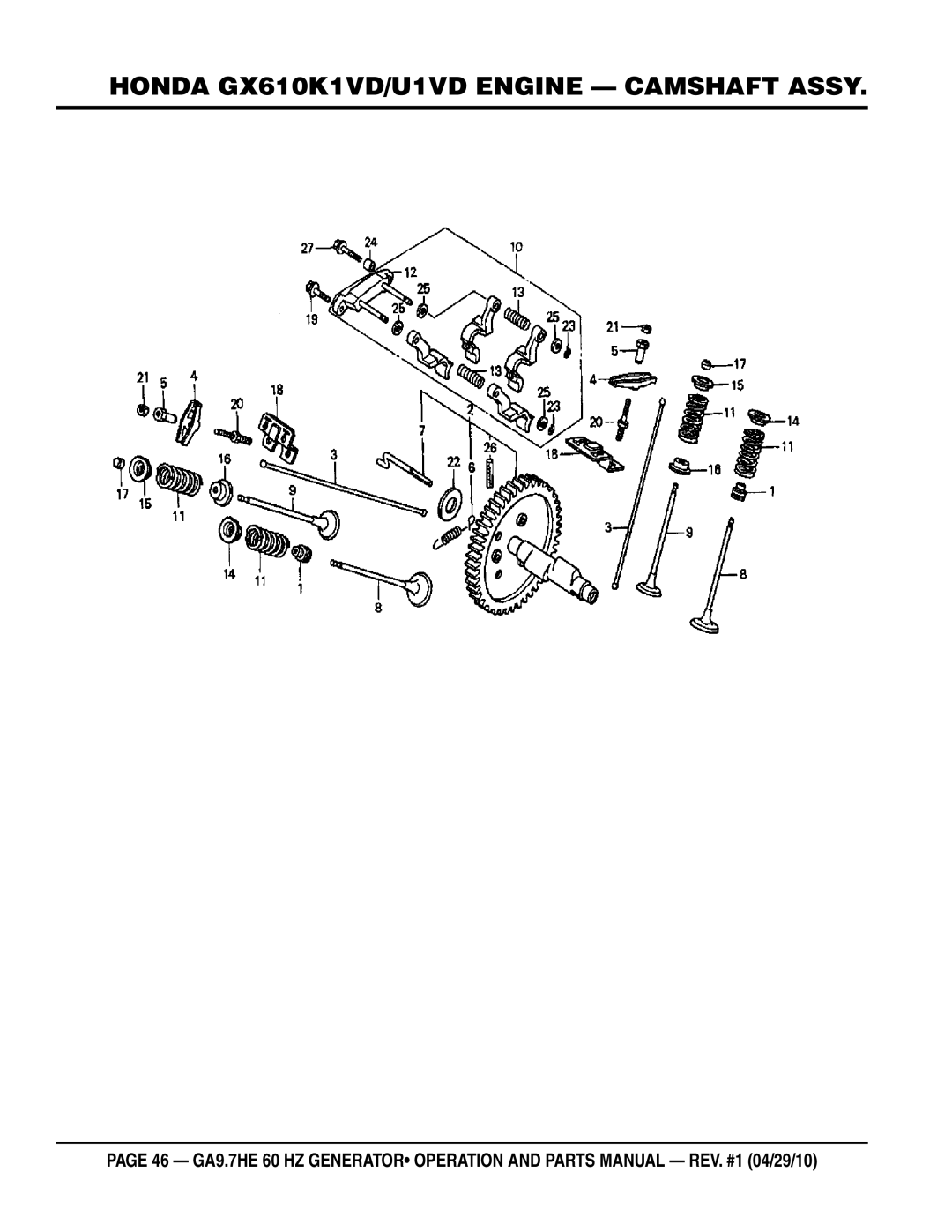 Multiquip ga-9.7HE manual Honda GX610K1VD/U1VD Engine Camshaft Assy 