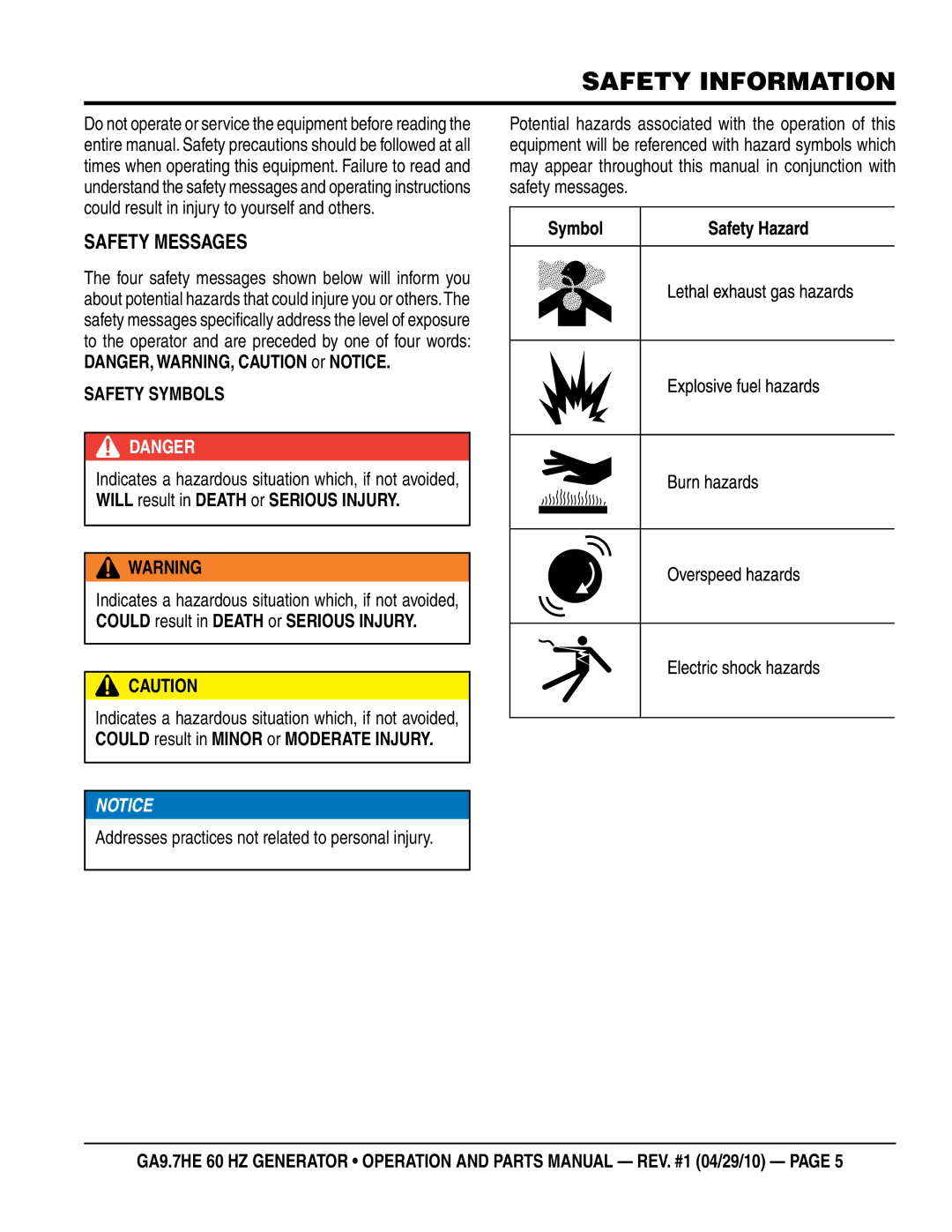 Multiquip ga-9.7HE manual Safety Information, SaFeTY messages 