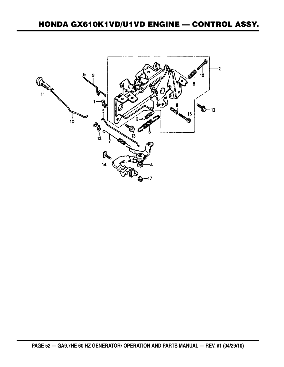 Multiquip ga-9.7HE manual Honda GX610K1VD/U1VD Engine Control Assy 