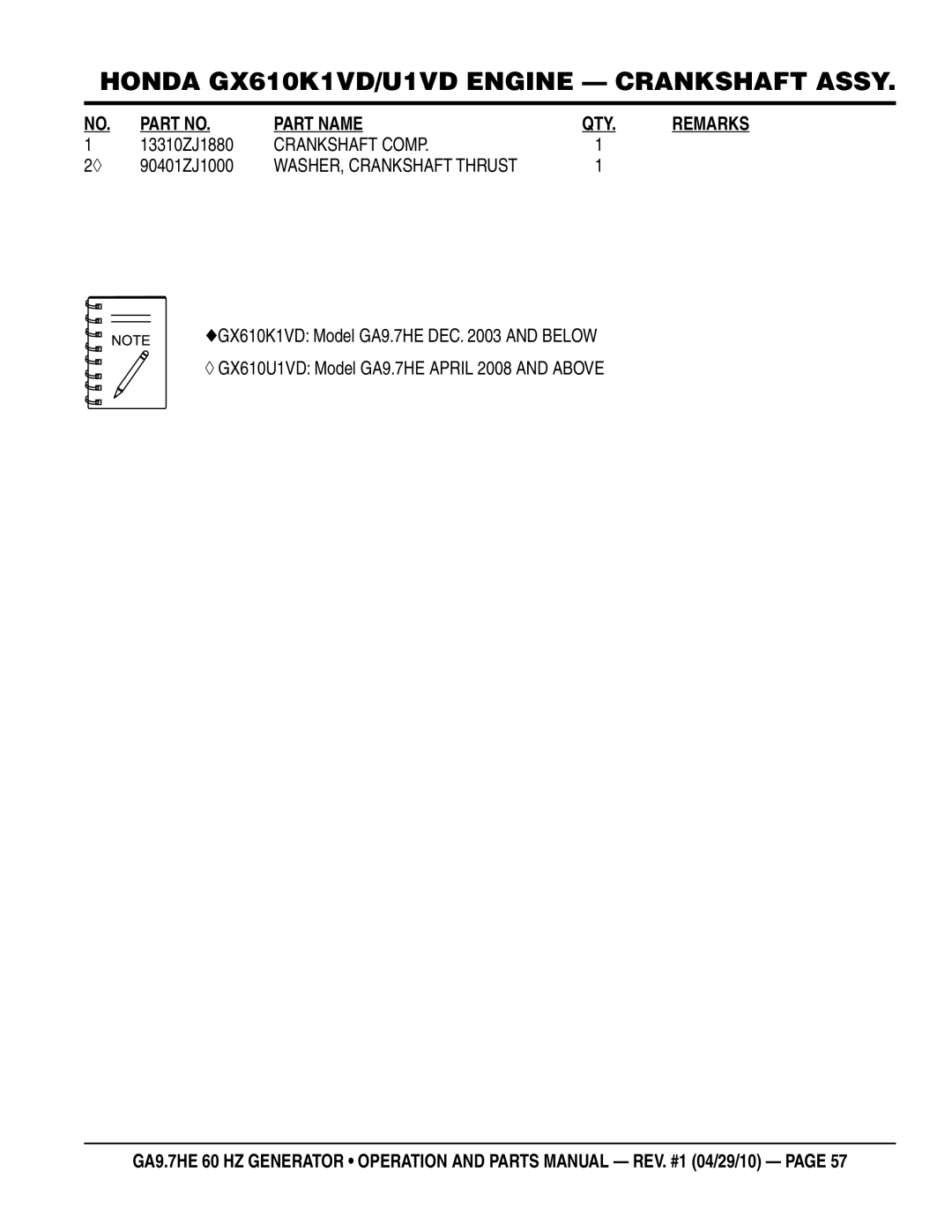 Multiquip ga-9.7HE manual 13310ZJ1880, Crankshaft Comp, 90401ZJ1000 