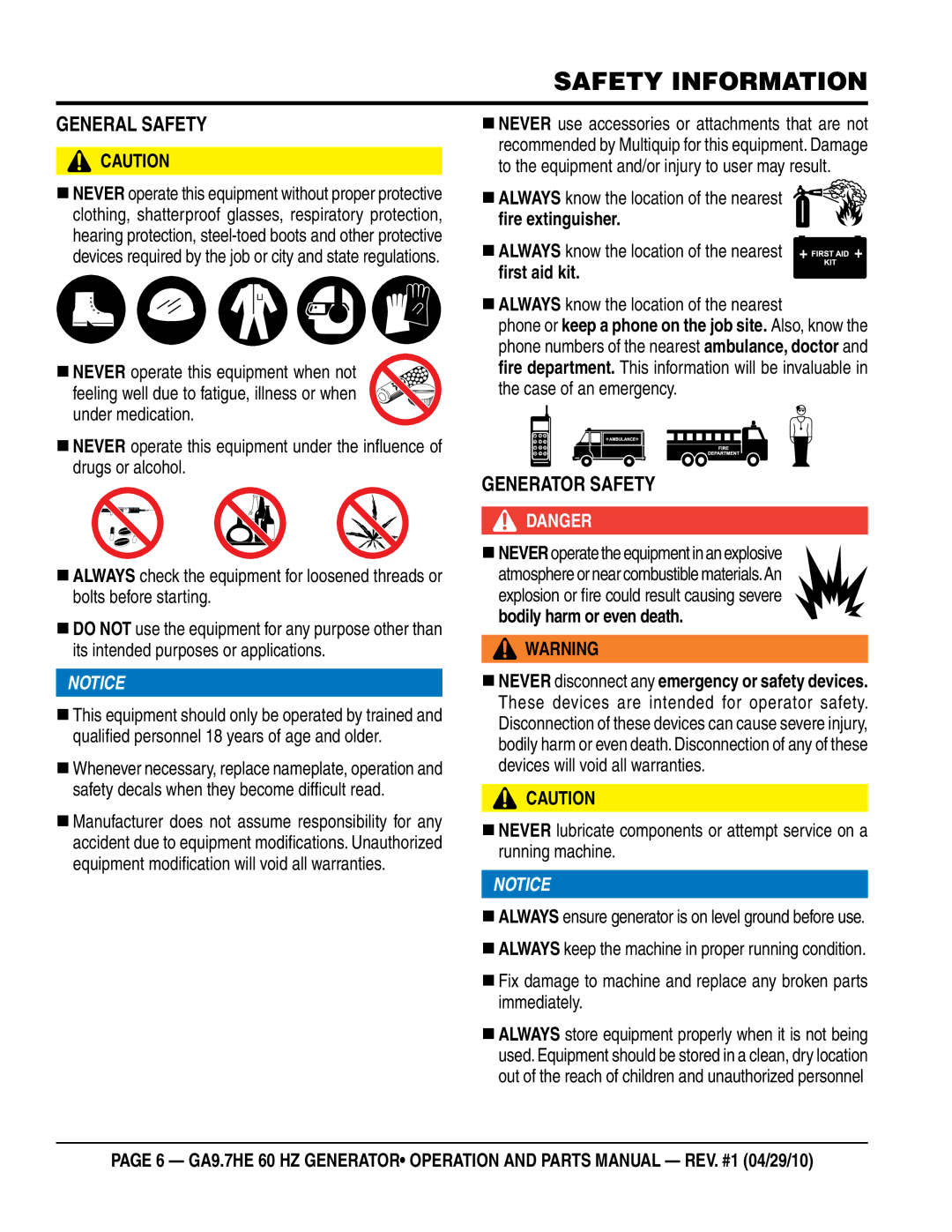 Multiquip ga-9.7HE manual GeNeRal saFeTY, GeNeRaTOR saFeTY 