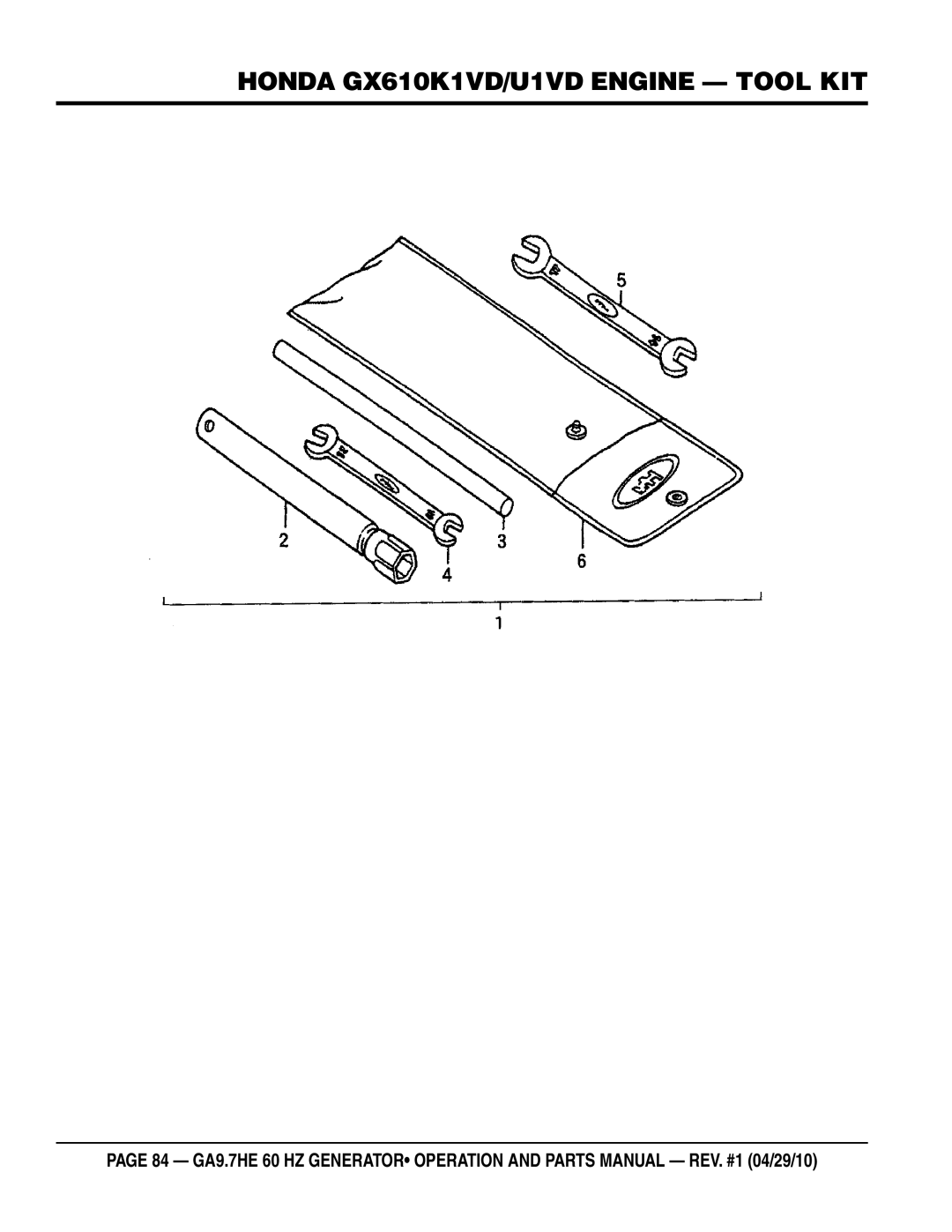 Multiquip ga-9.7HE manual Honda GX610K1VD/U1VD Engine Tool KIT 