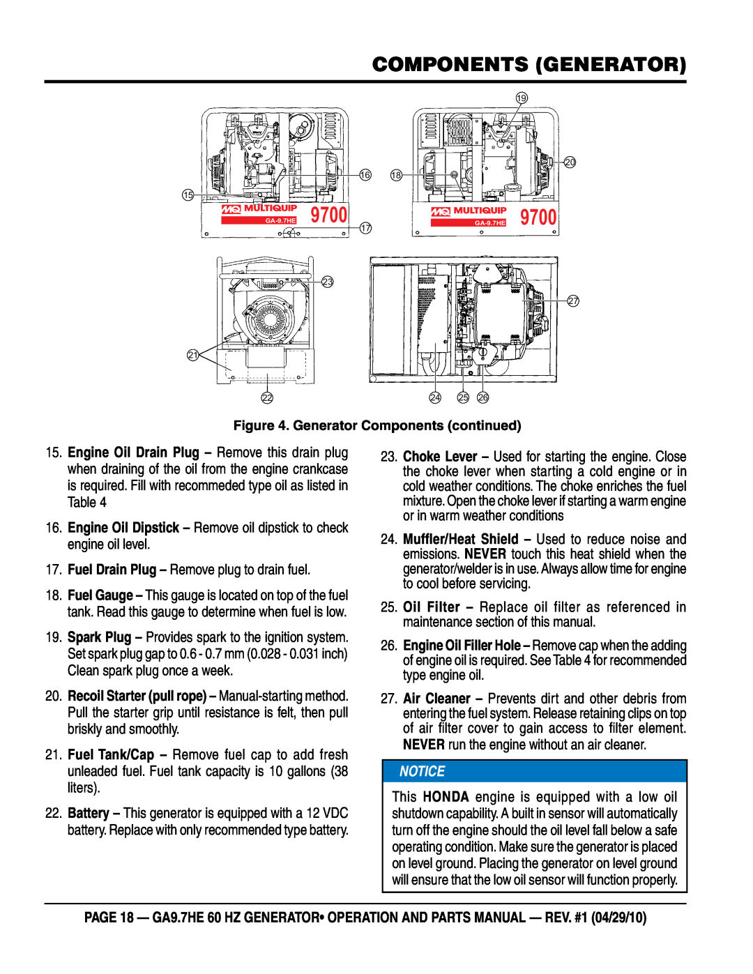 Multiquip ga-9.7HE manual 9700, components generator, Fuel Drain Plug - Remove plug to drain fuel 
