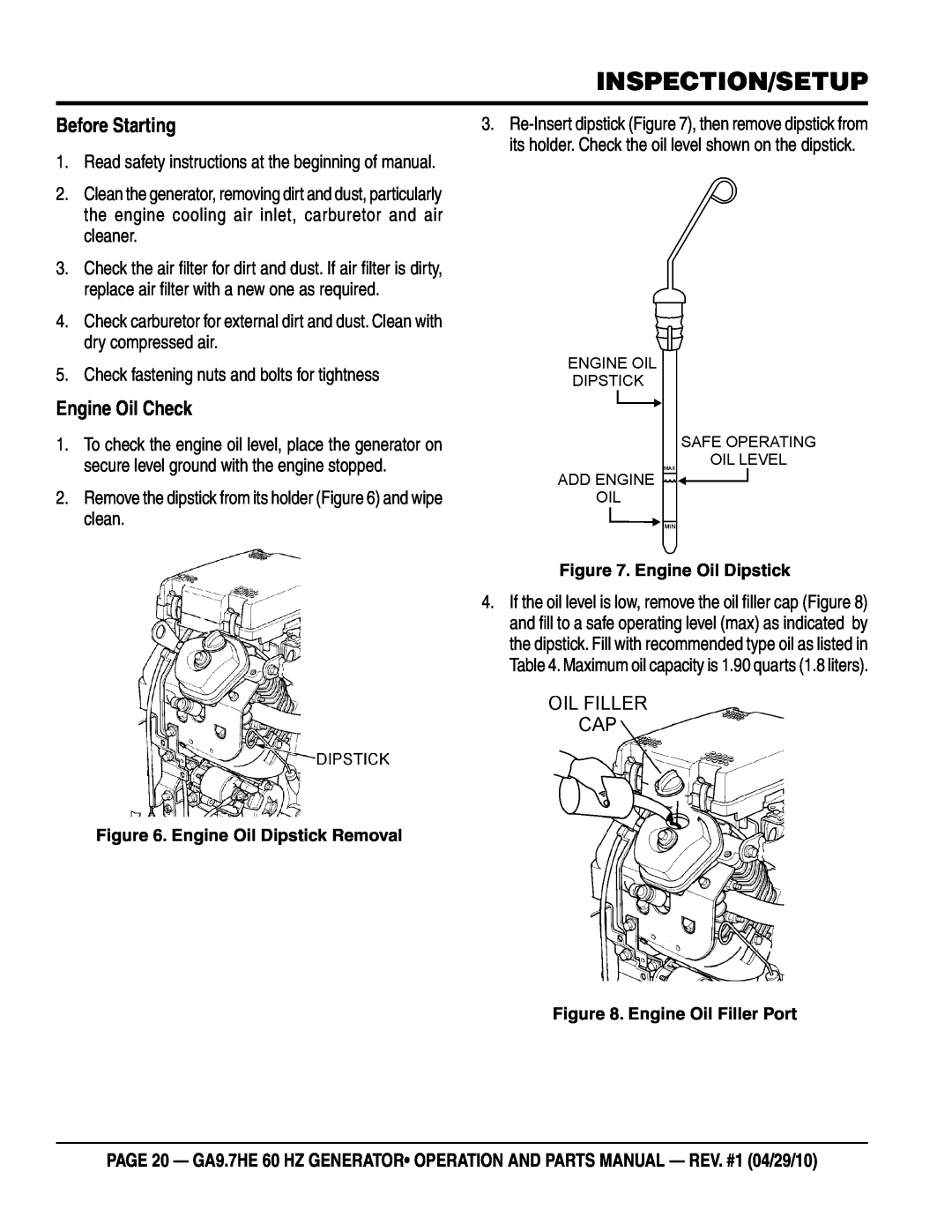 Multiquip ga-9.7HE manual Before Starting, Engine Oil Check, Inspection/Setup, Engine Oil Dipstick Removal 
