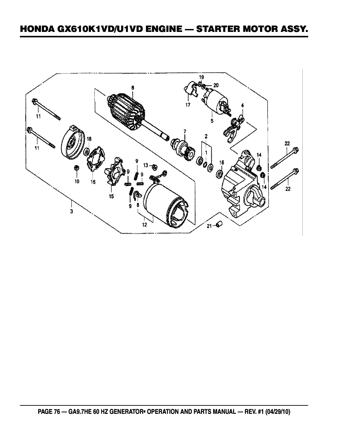 Multiquip ga-9.7HE manual HONDA GX610K1VD/U1VD ENGINE - Starter motor ASSY 