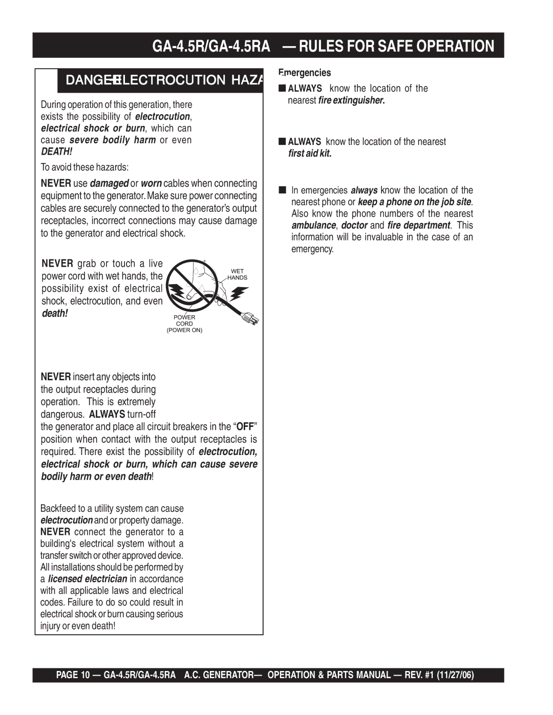 Multiquip GA4.5RA manual Death, Emergencies 