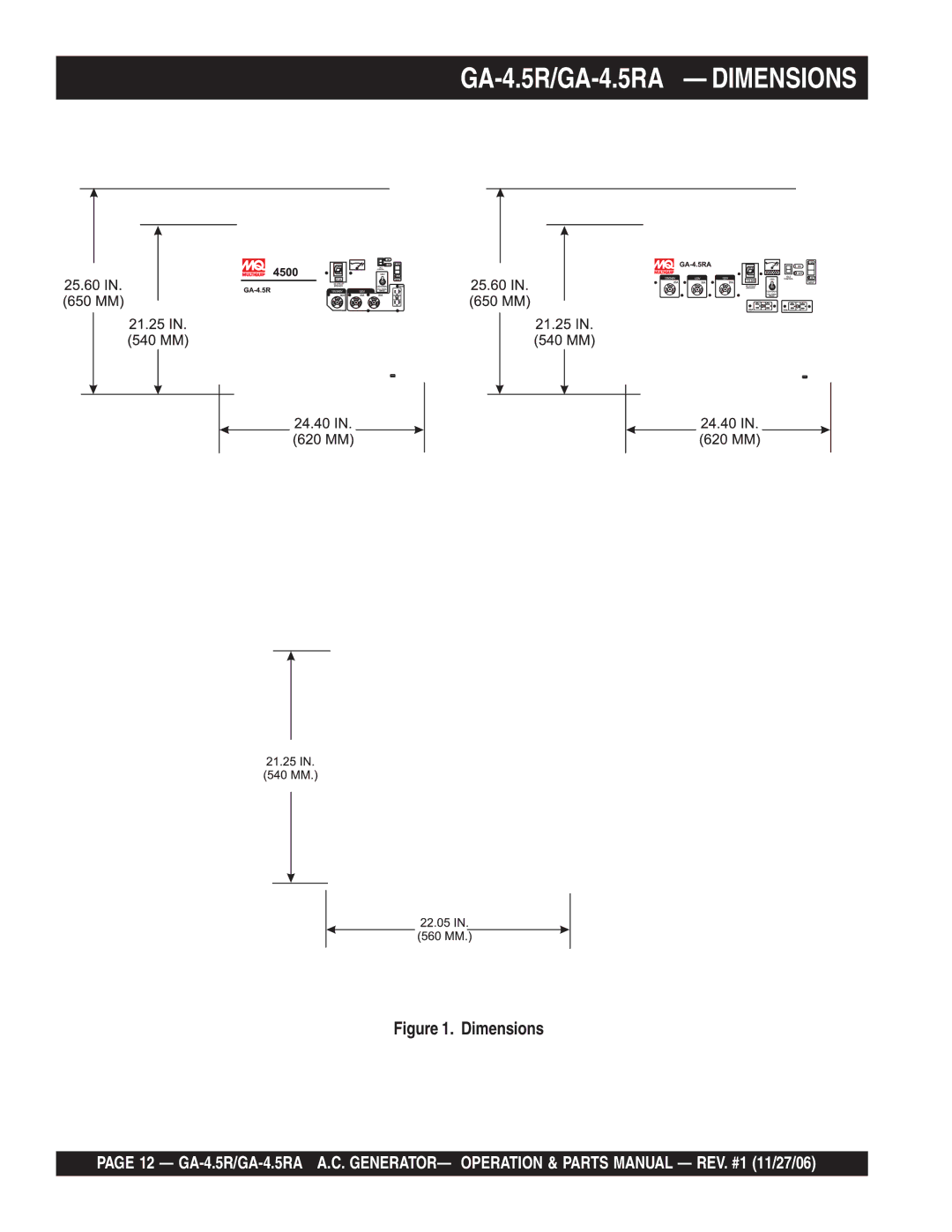 Multiquip GA4.5RA manual GA-4.5R/GA-4.5RA Dimensions 