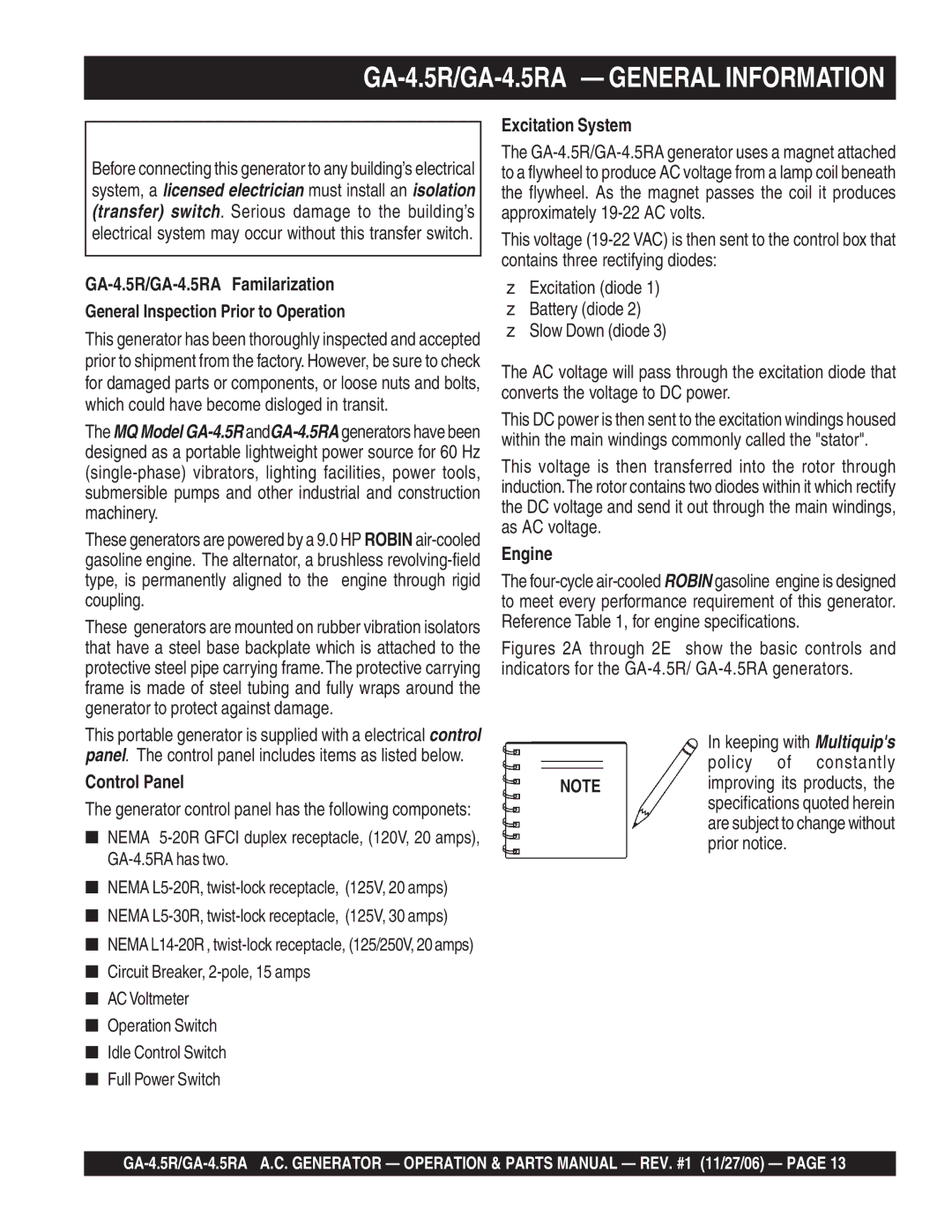 Multiquip GA4.5RA manual GA-4.5R/GA-4.5RA General Information, General Inspection Prior to Operation 