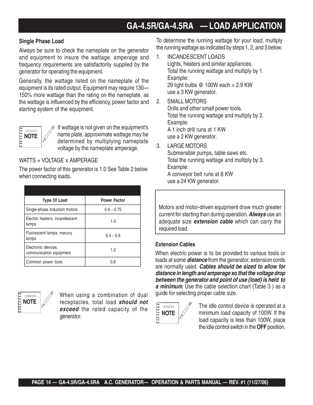 Multiquip GA4.5RA manual GA-4.5R/GA-4.5RA Load Application, Extension Cables 