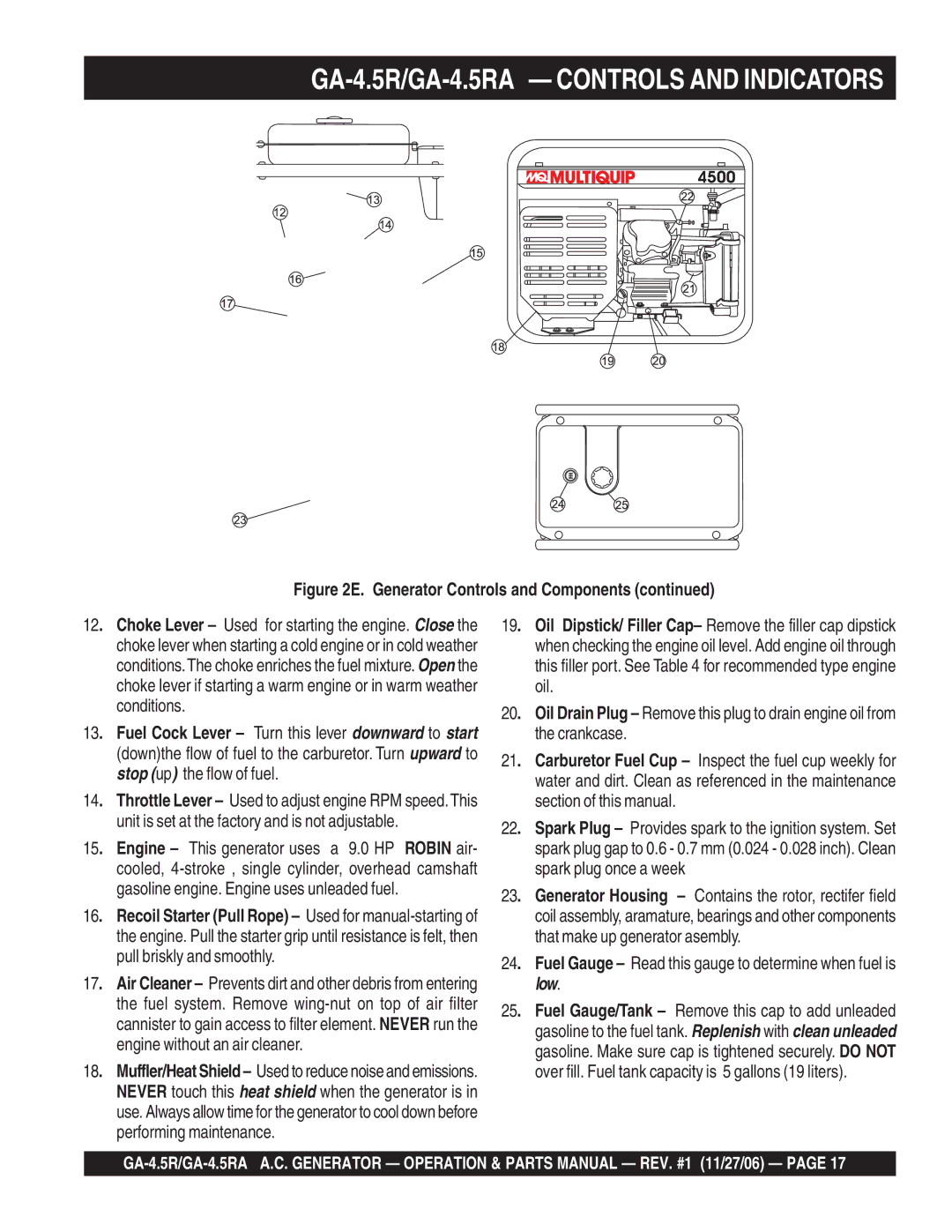 Multiquip GA4.5RA manual Fuel Gauge Read this gauge to determine when fuel is low 