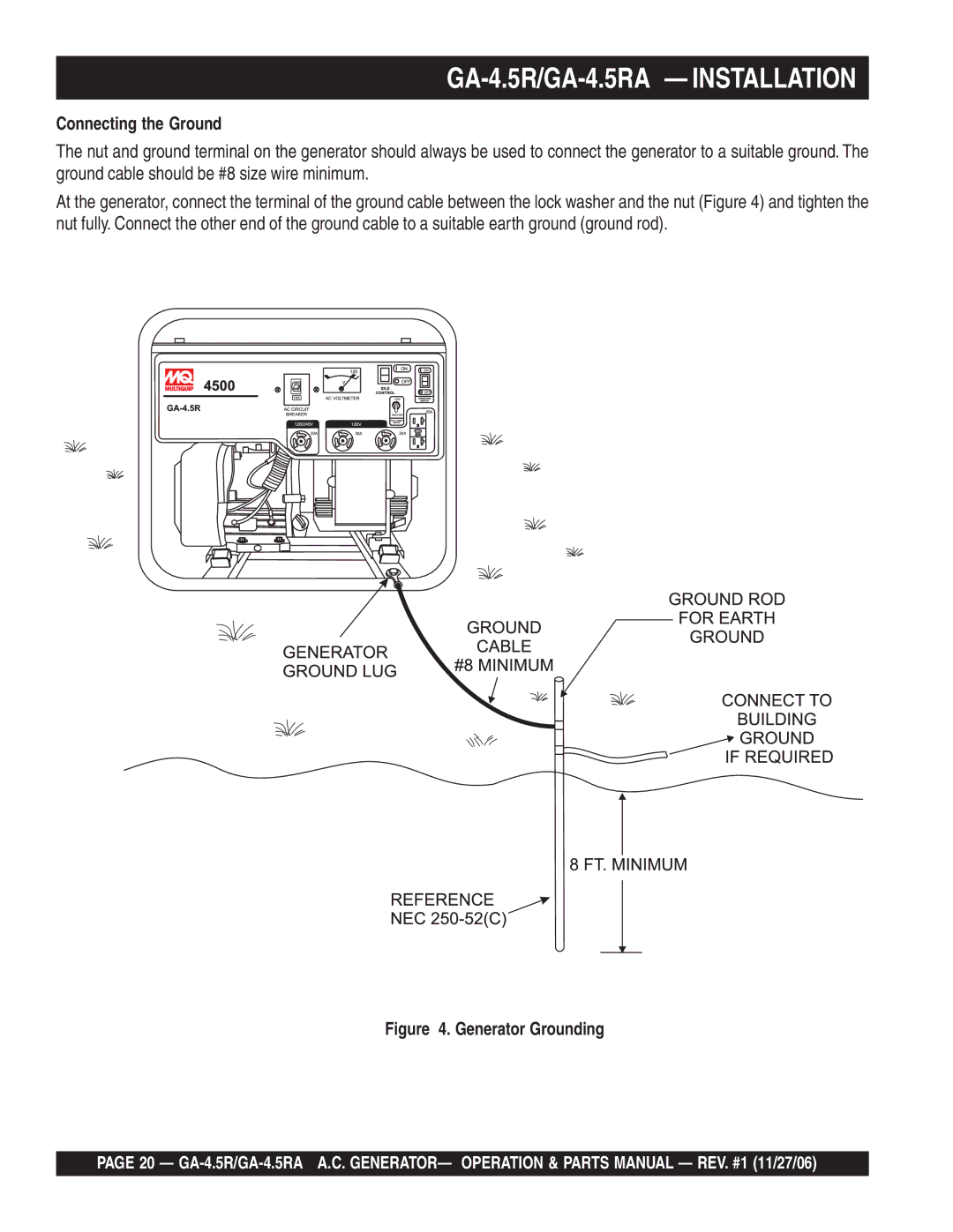 Multiquip GA4.5RA manual GA-4.5R/GA-4.5RA Installation, Connecting the Ground 