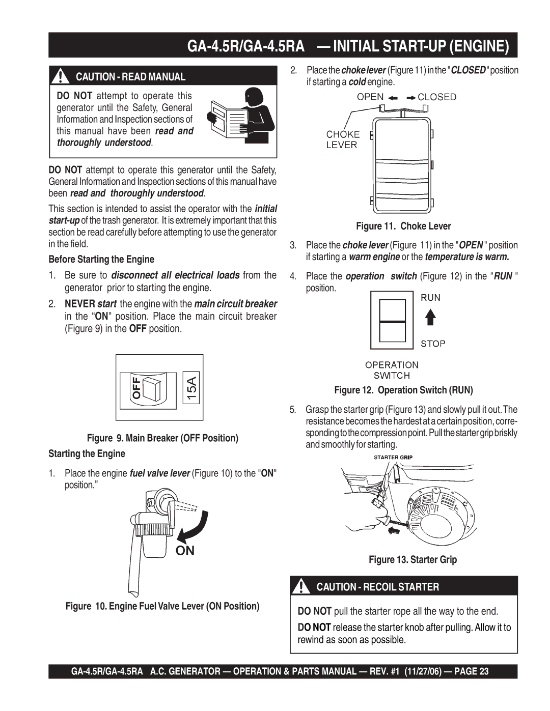 Multiquip GA4.5RA manual GA-4.5R/GA-4.5RA Initial START-UP Engine, Before Starting the Engine 