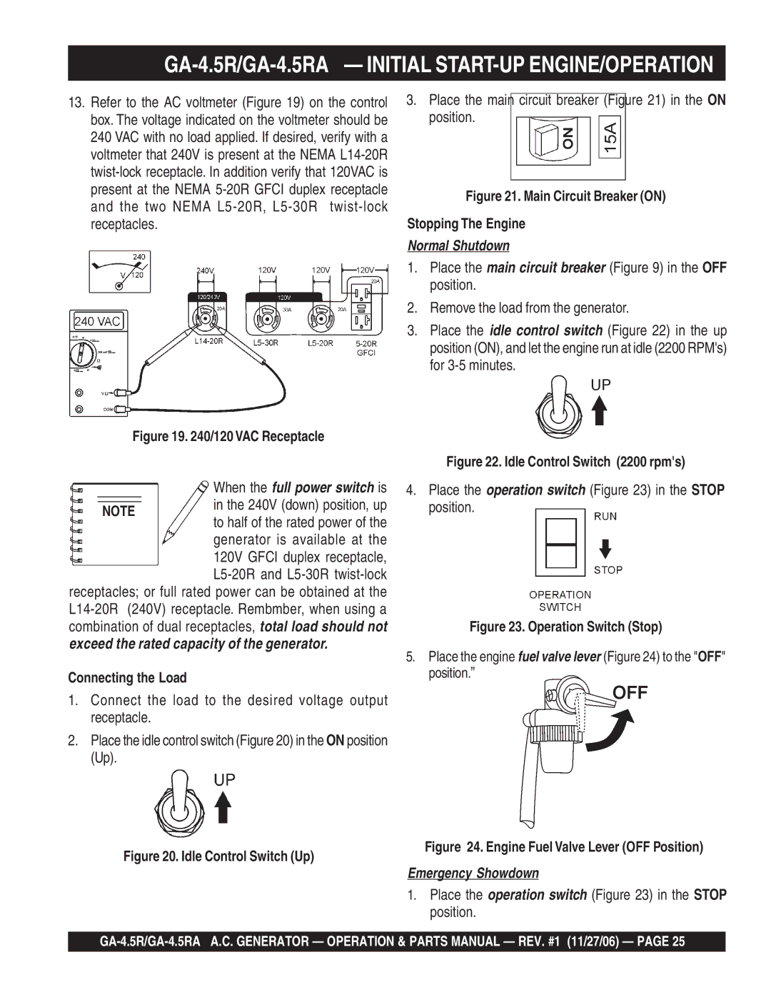 Multiquip GA4.5RA manual Main Circuit Breaker on Stopping The Engine, VAC Receptacle 