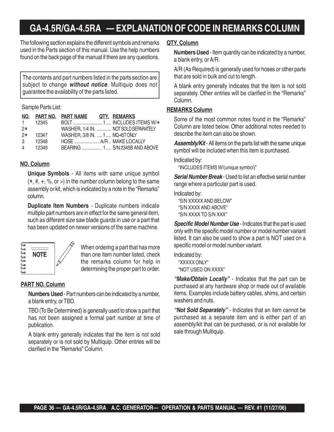 Multiquip GA4.5RA manual GA-4.5R/GA-4.5RA Explanation of Code in Remarks Column, Part NO. Column, QTY. Column 