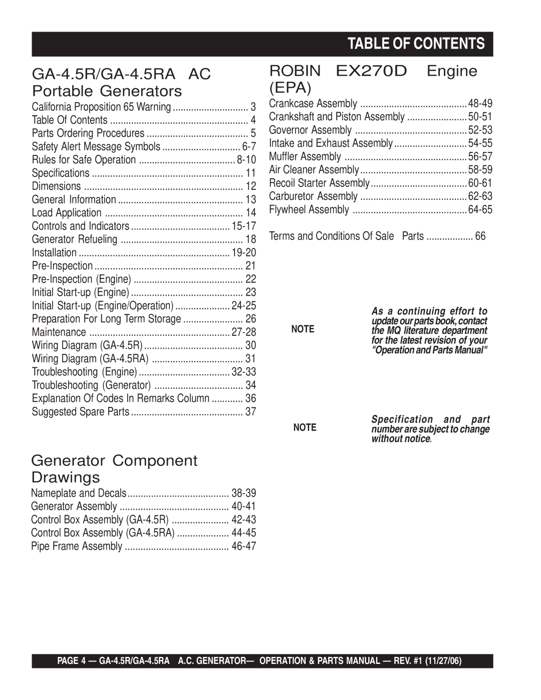 Multiquip GA4.5RA manual Table of Contents 