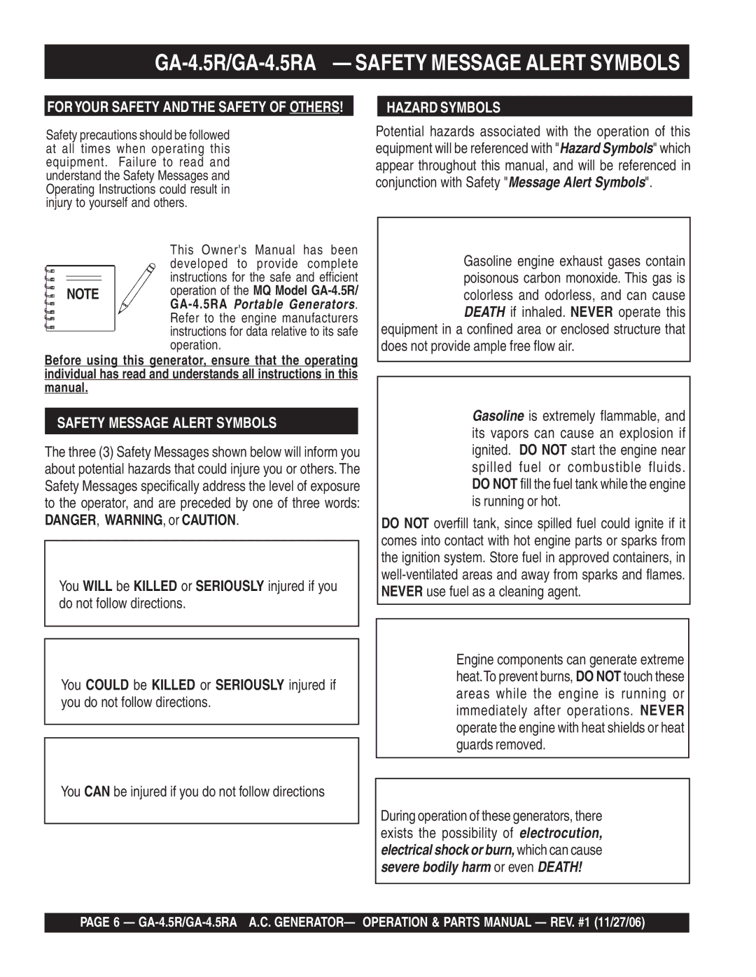 Multiquip GA4.5RA manual GA-4.5R/GA-4.5RA Safety Message Alert Symbols, Hazard Symbols 