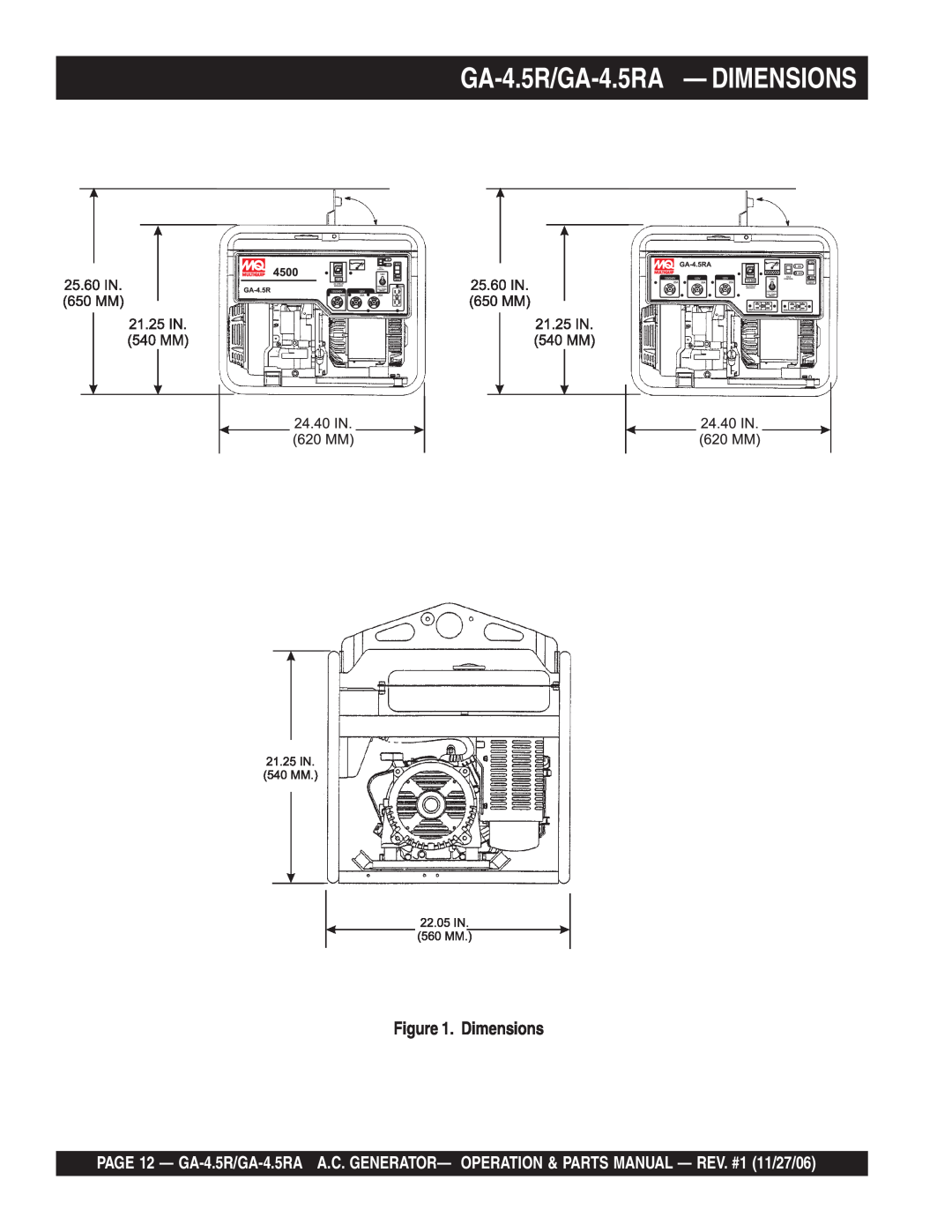 Multiquip GA4.5RA manual GA-4.5R/GA-4.5RA - DIMENSIONS, Dimensions 